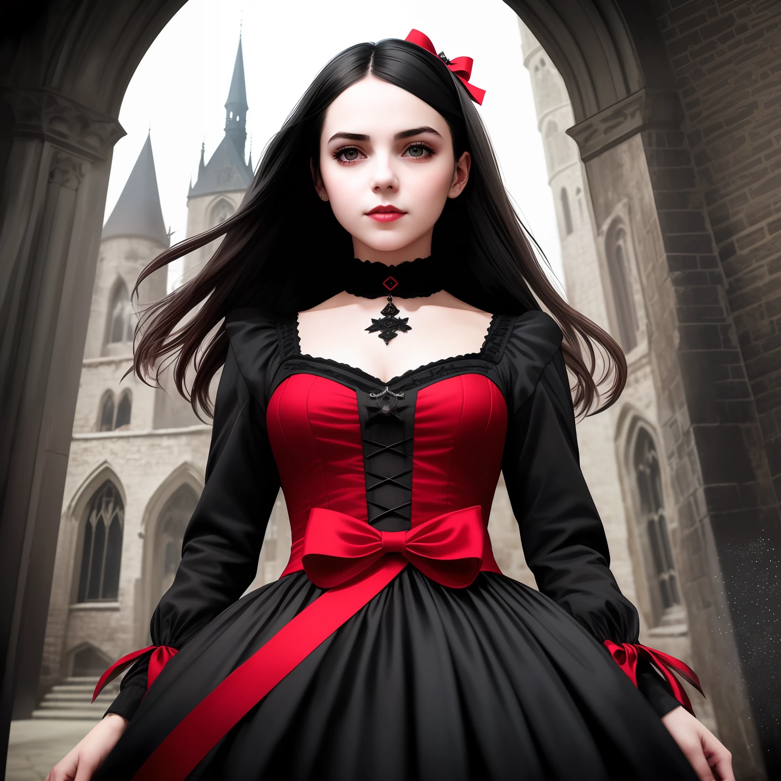 photorealistic, highres, masterpiece, intricate, 1girl (in a gothic castle), red bow around her neck and a black and red dress on, standing in a room, detailed background, pretty, narrow waist, wide hips, (perfect face:1.2), (perfect eyes:1.2), thick eyebrows, thick eyelashes, (green eyes), (beautiful detailed face), (detailed lips), black hair, long hair, gothic girl, smile, (outside), tight clothes,, intricate detailed clothing, cinematic lighting, shadow, detailed lighting, light particles, dynamic angle, pov, close up, from below, ismail inceoglu, blood, vampire