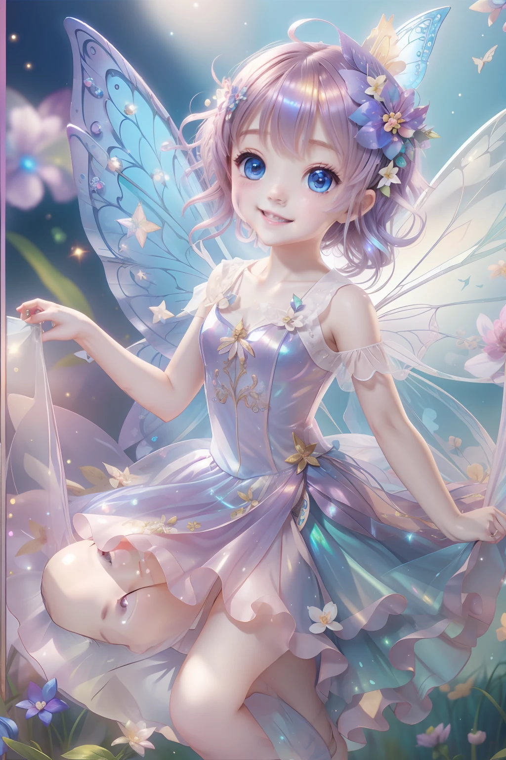 Cute fairy with a sense of transparency、Bright smile、Have fun playing、Beautiful background、Bright background、Iridescent background
