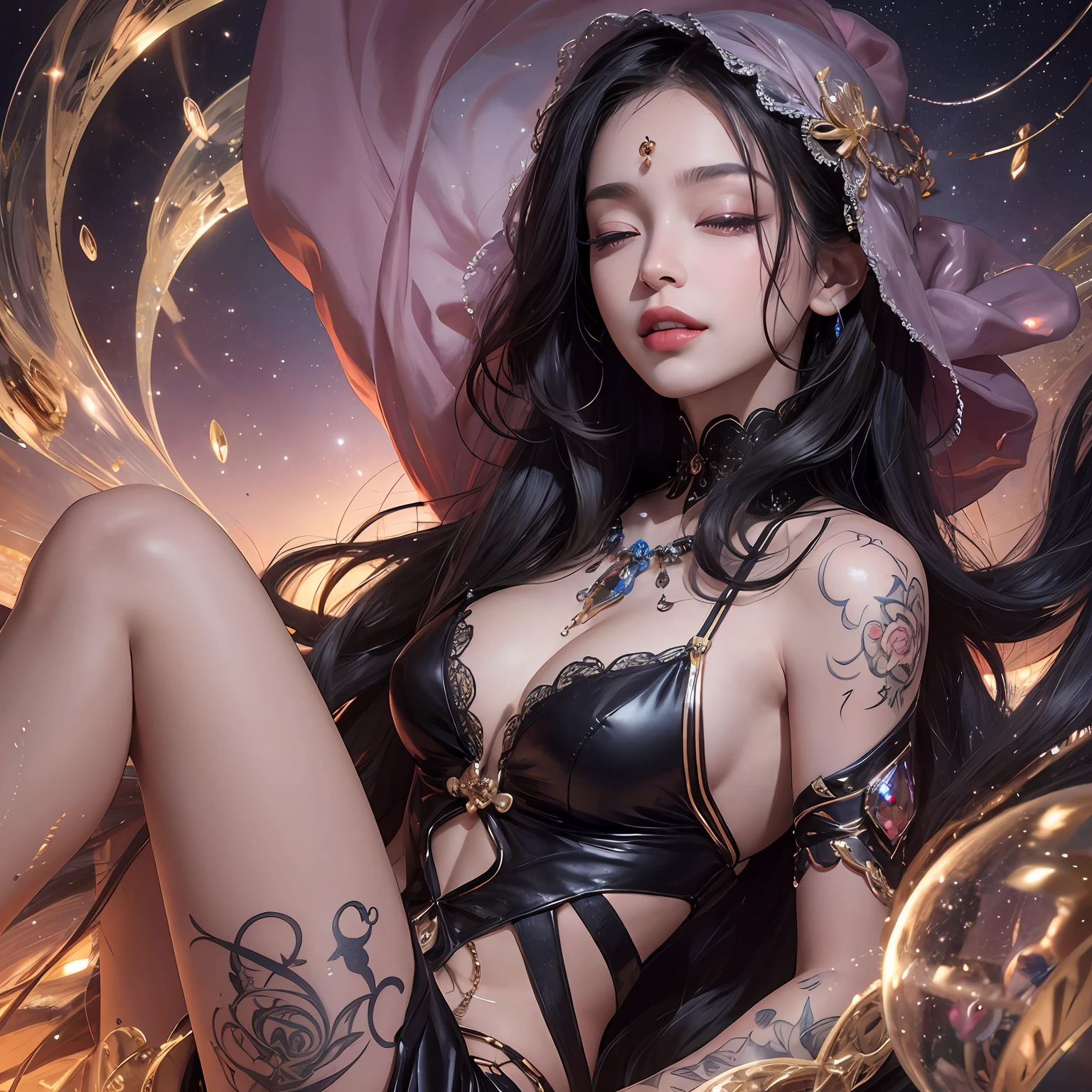 Black hair, Gradient hair, There are precious stones on the forehead, rimless eyewears, mouth veil, Sparkling pupils,long eyelasher, One eye closed, grin, hyper photorealism, Cinematic lighting, projected inset, surrealism, hyper HD, Masterpiece, 16k,Lie down,dream on,Wear transparent silk pajamas,entangled,Tattooed with,Fantasy space,Luxurious space