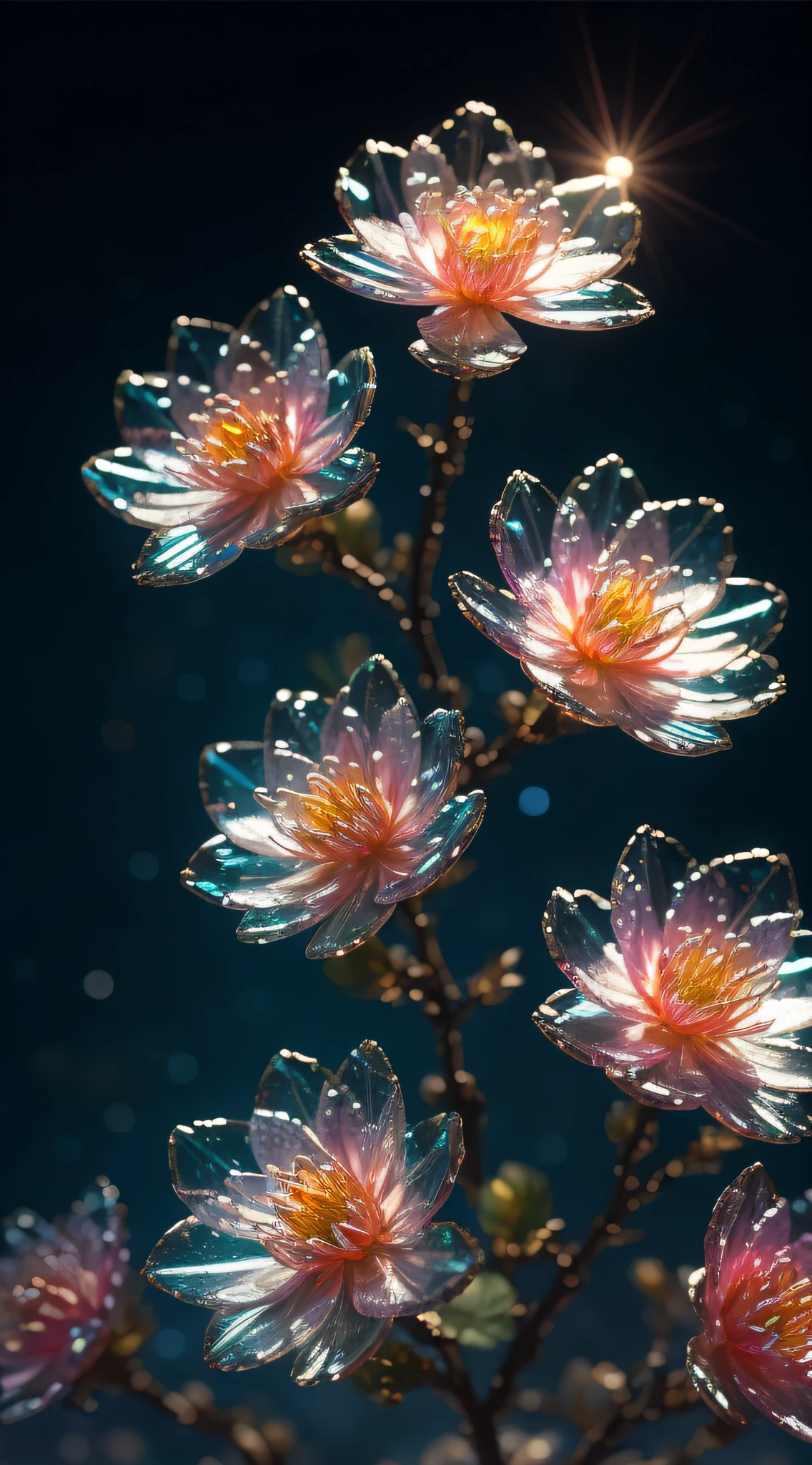 crystal spring blossom,
fantasy, galaxy, transparent,
shimmering, sparkling, splendid, colorful,
magical photography, dramatic lighting, photo realism, ultra-detailed, 4k, Depth of field, High-resolution
