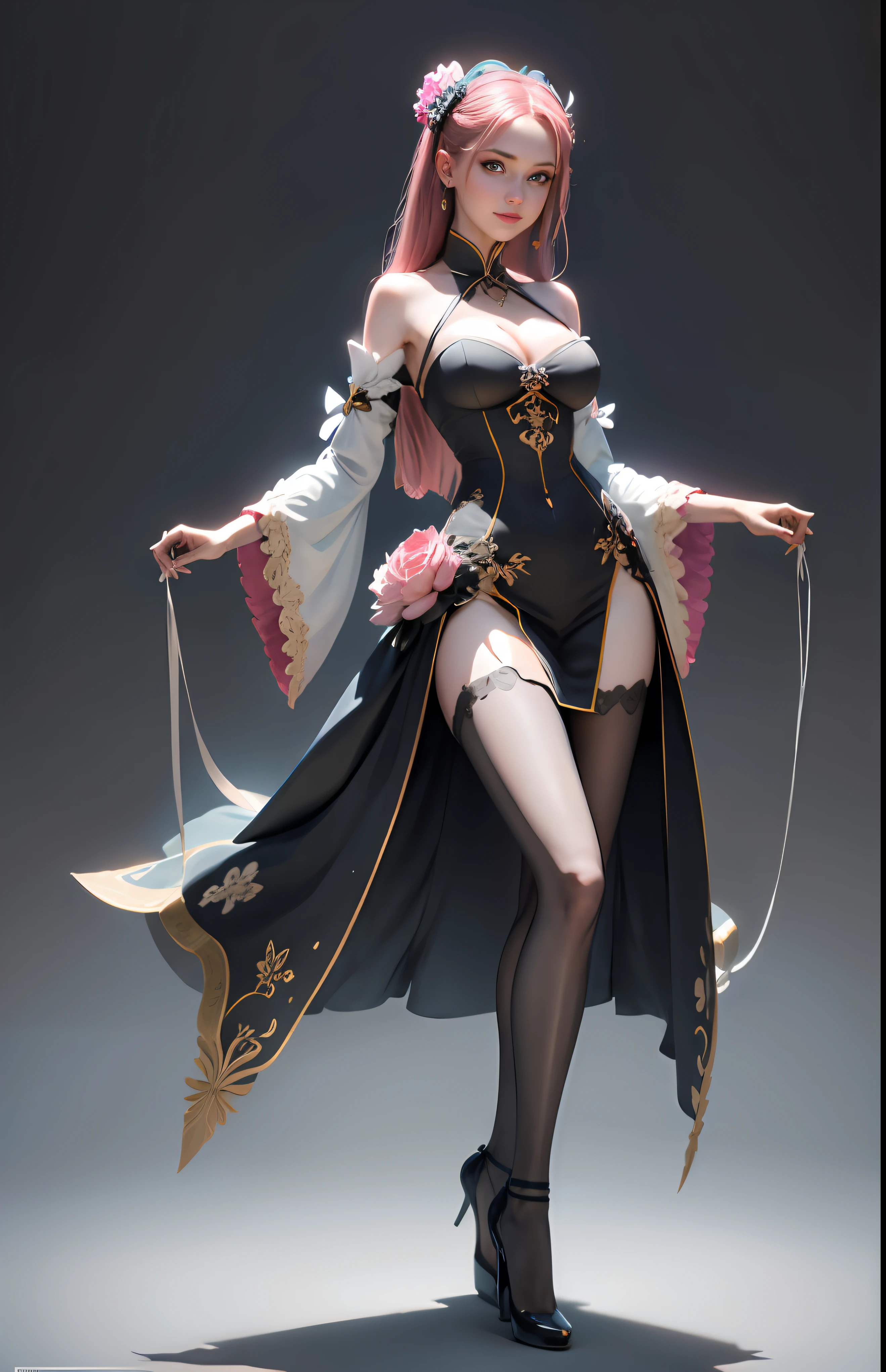 (in pink/amarelo/green color/blue colors/red colour/White Chinese clothing),(Estampados florales),(Pink big breasts/amarelo/green color/blue colors/red colour/white colors/black long dress),Must be a full-body image, There must be only one person in the whole picture, All high heels must be displayed in their entirety, The entire leg must be displayed in full, Extra-long gloves must be worn, Extra long stockings must be worn, High heels must be worn, It is forbidden to appear men, heart in eye, seductive smile, crystal earrings, forehead jewel, ta hairband, hair strand, ray tracing, from below, chiaroscuro, cinematic lighting, high detail, tachi-e, UHD, masterpiece, ccurate, anatomically correct, super detail, textured skin, high details, high quality, best quality, highres, 16k