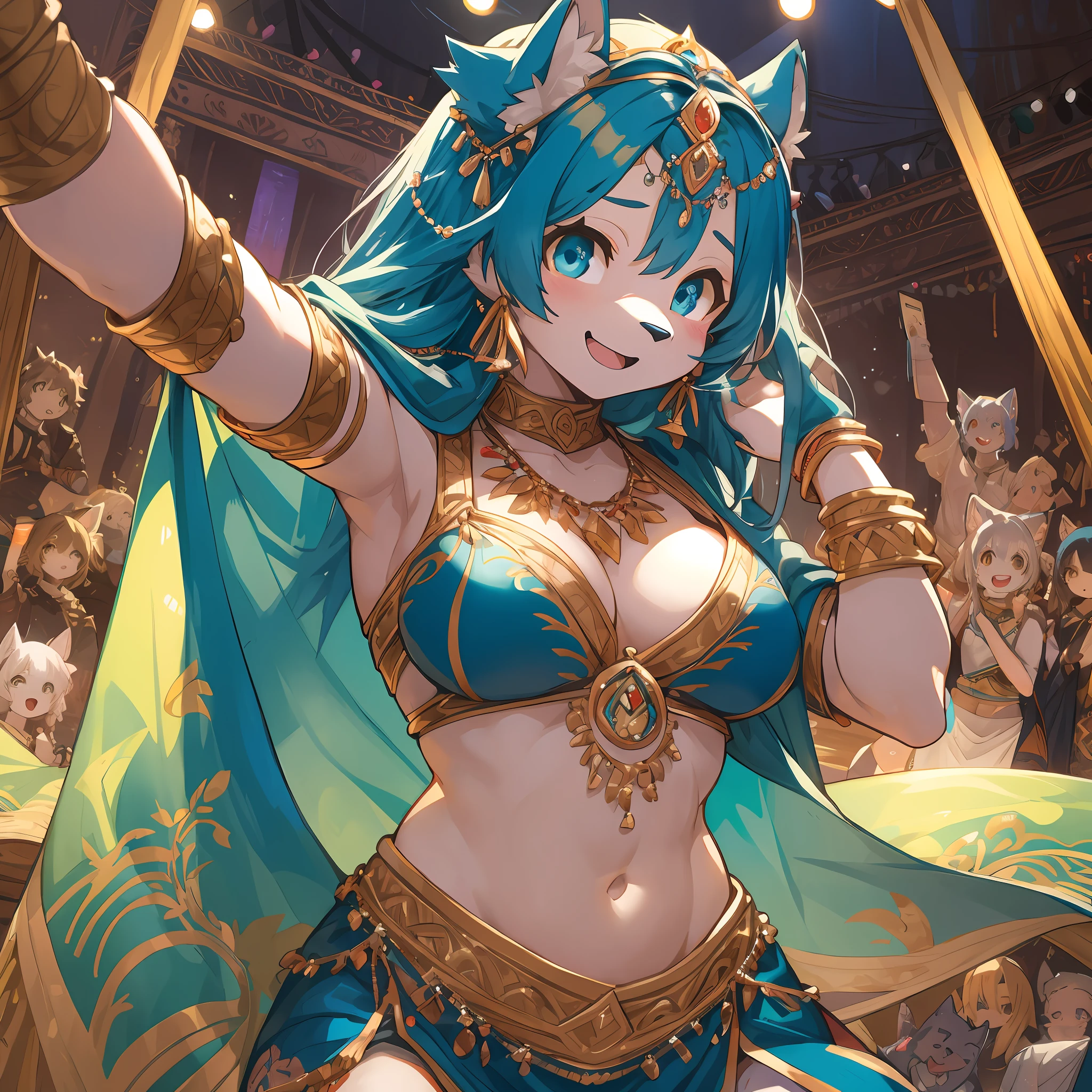 top quality, best quality, High-quality illustrations, masterpiece, super high resolution, detailed background, detailed background, Belly dancer, Raqs Sharqi, stage, Spotlight, group shot:0.5, 6+boys, 6+girls, Happy, joyful, absurdres(highly detailed beautiful face and eyes)perfect anatomy(kemono, furry anthro)selfie:0.1,