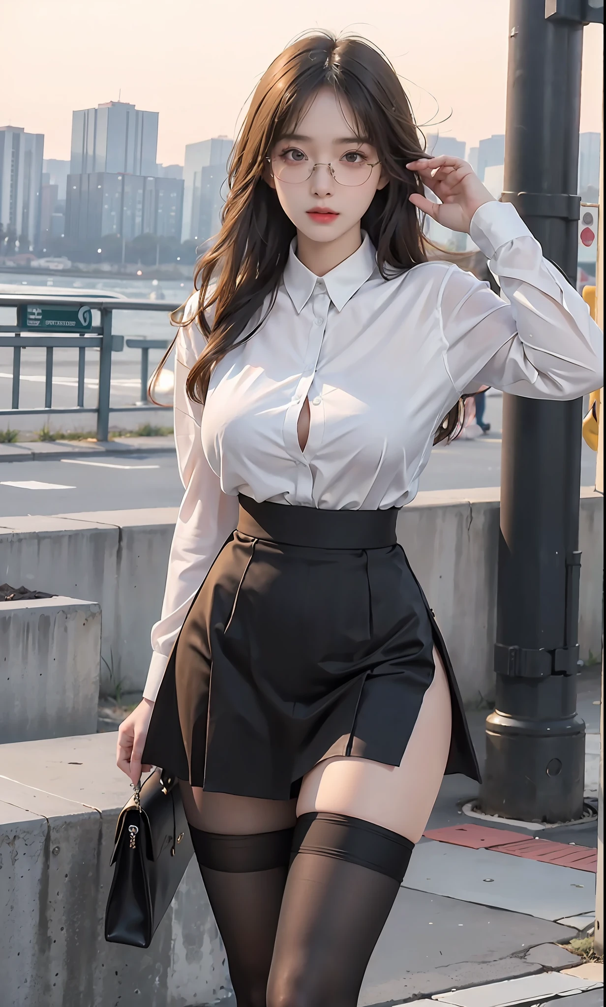 ulzzang-6500-v1.1, (raw photo:1.2), (photorealistic:1.4), beautiful detailed girl, very detailed eyes and face, beautiful detailed eyes, ridiculous, incredibly ridiculous, huge file size, super detailed, high resolution, very detailed, best quality, masterpiece, ((fashion clothing with diverse colors)), illustration, very detailed, CG, unified, 8k wallpaper, amazing, fine detail, masterpiece ,best quality, very detailed CG uniform 8k wallpaper, light on face, movie lighting, 1girl, , long white hair, side splits, (big breasts), (no panties)), (glasses), ((dynamic pose))), ((sexy pose))), (camel toe), (half), (pantyhose)), ((black hip skirt))