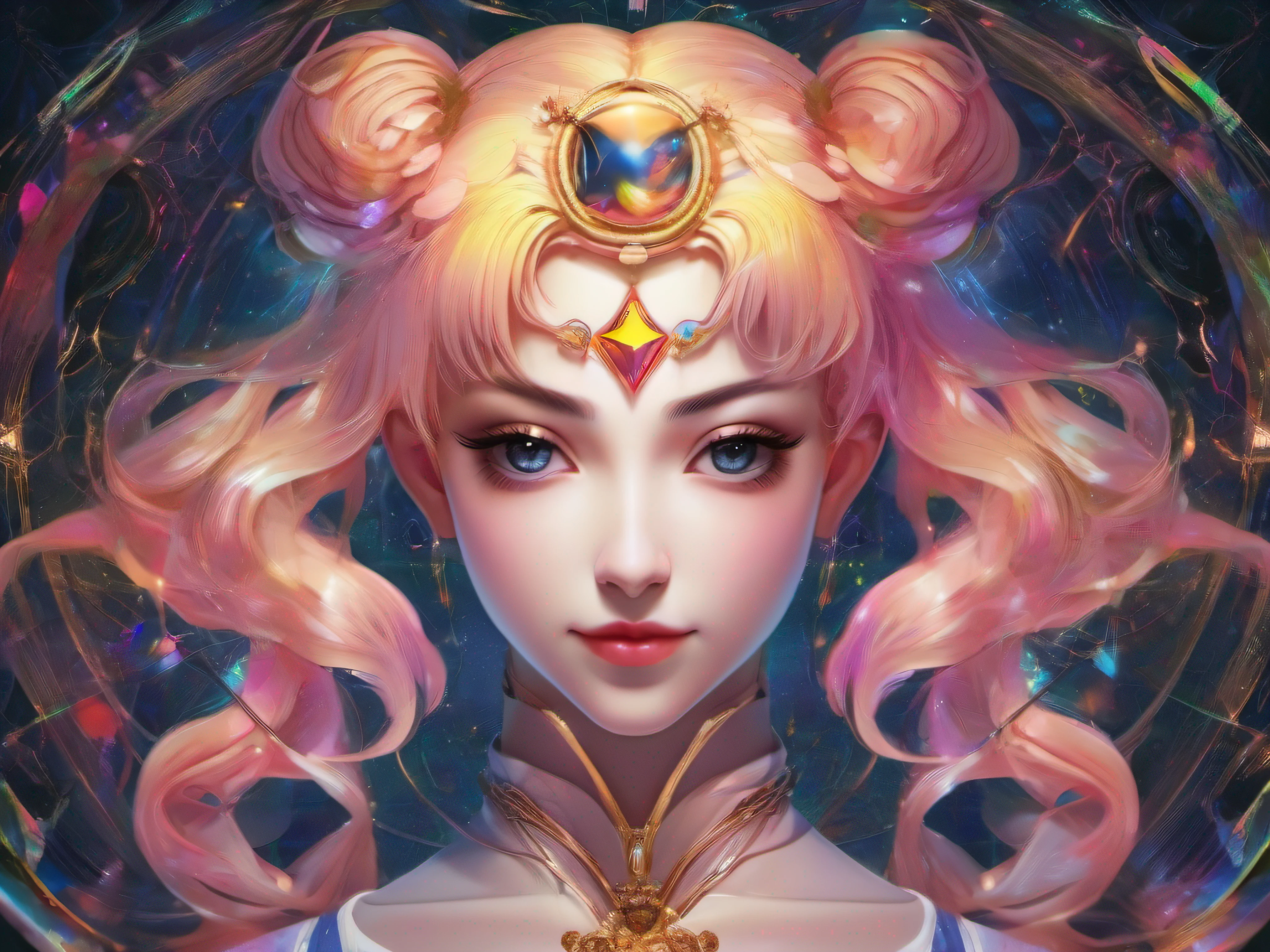 anime portrait of Sailor Moon, perfect anime eyes, beautiful intricate triadic color hair, shimmer in the air, symmetrical, in re:Zero style, concept art, digital painting, looking into camera, Ethereal, Whimsical, Serene, Dynamic, Mysterious, Luminous, Surreal, Cosmic, Intricate,Neon, Cyberpunk, Monochromatic, adorable, beautiful, charming, delightful, pleasant, pretty, dainty, intricate details. Artistic, dark color effect. Detailed. Centered, dimensionality, depth, symmetrical, light theme, perfectly symmetrical, mirrored, reflective, shiny, floral