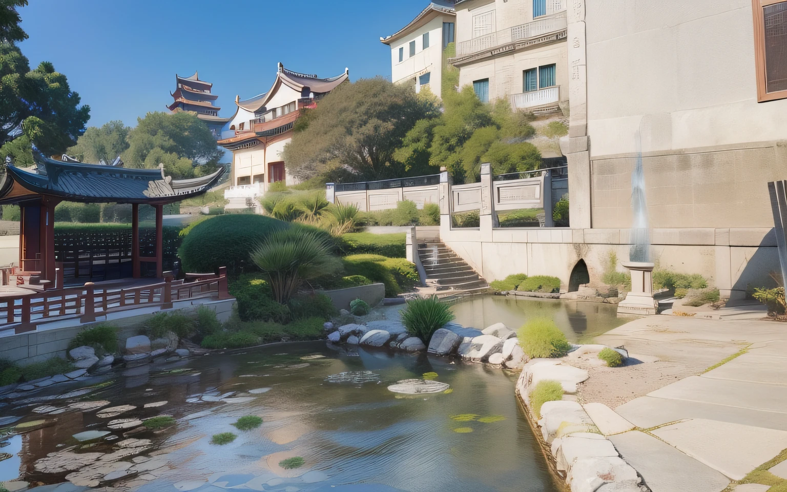Chinese gardens,ancient wind,swordsmen,water ink,Realiy。Neatness,gazebo,pond