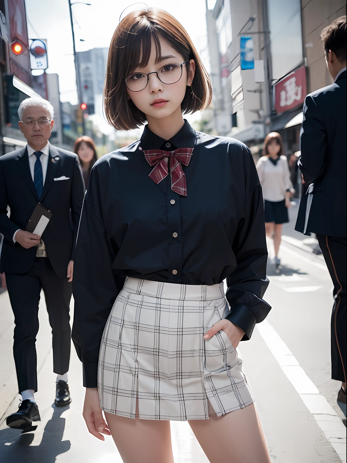 (8K、Raw photography、top-quality、masterpiece:1.2),absurderes,a small face,small tits,flat breast,Parting the bangs from the middle、Forehead visible,(Tight eyes,Bullish,skinny,Rasping,irate)、masterpiece,top-quality、超A high resolution,Raw photo,ren,Beautiful fece,One Person, 独奏,eye glass,,Dark look,Small breasts,fullllbody,Round glasses、cute little、A Japanese Lady,is standing,(Tight eyes,Bullish,skinny,Rasping,irate,small tits,flat breast)、(Photorealsitic:1.37)、Photon mapping,Light blue ribbon,Realistic、Cute little face,Brown-eyed、Black socks、(Red bow tie)、Radio City、Physically Based Rendering、Foreground、depth of fields、Blurry background、a picture,The girls、Body, Long legs, Thin leg,Semi-bob cut,(Bangs are visible), hair, s lips, Blue_The eye, nosesoft,White shirt, Navy blue and white plaid pleated skirt, Knees are visible,Sheer clothing,, Thigh, Black cotton socks,Nogizaka Idol, 女優, Japanese ido