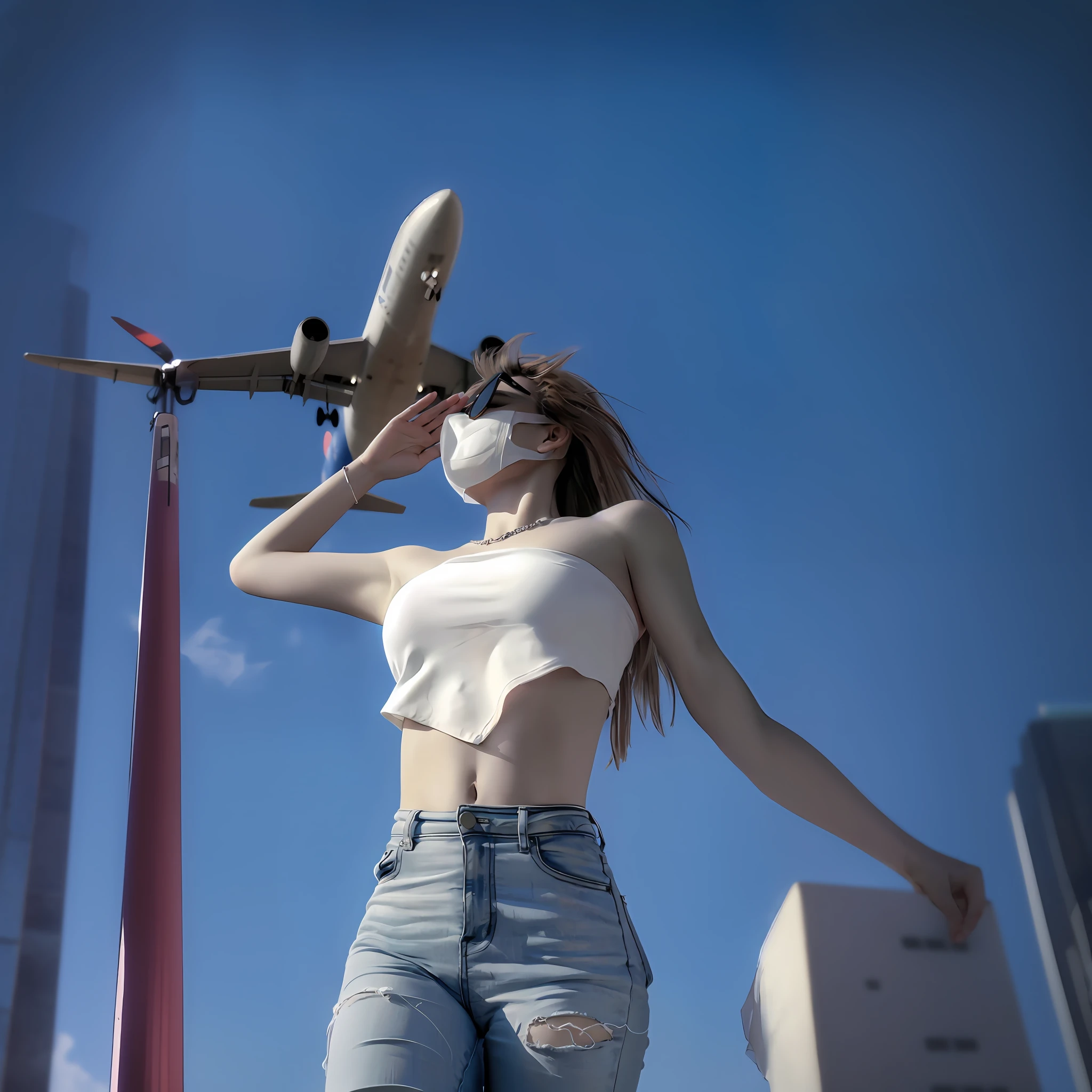 Allard woman in jeans and white blouse with mask, low view, Low angle, low angle shot, very low angle, extreme low angle shot, wearing facemask and sunglasses, bottom angles, airport, low angle shot, low angle shot, low perspective, Low shooting angle, Shot from below, very low angle, low - level view