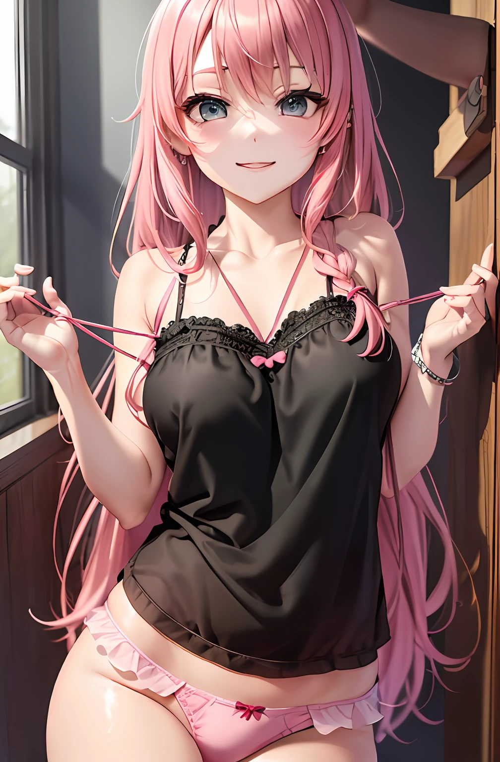 Portrait Art 15。Pink hair。length hair。pleatedskirt。Camisole。耳Nipple Ring。Heart-shaped chest。Happy look。Cute PINK Room。pantiy、Cute string panties
