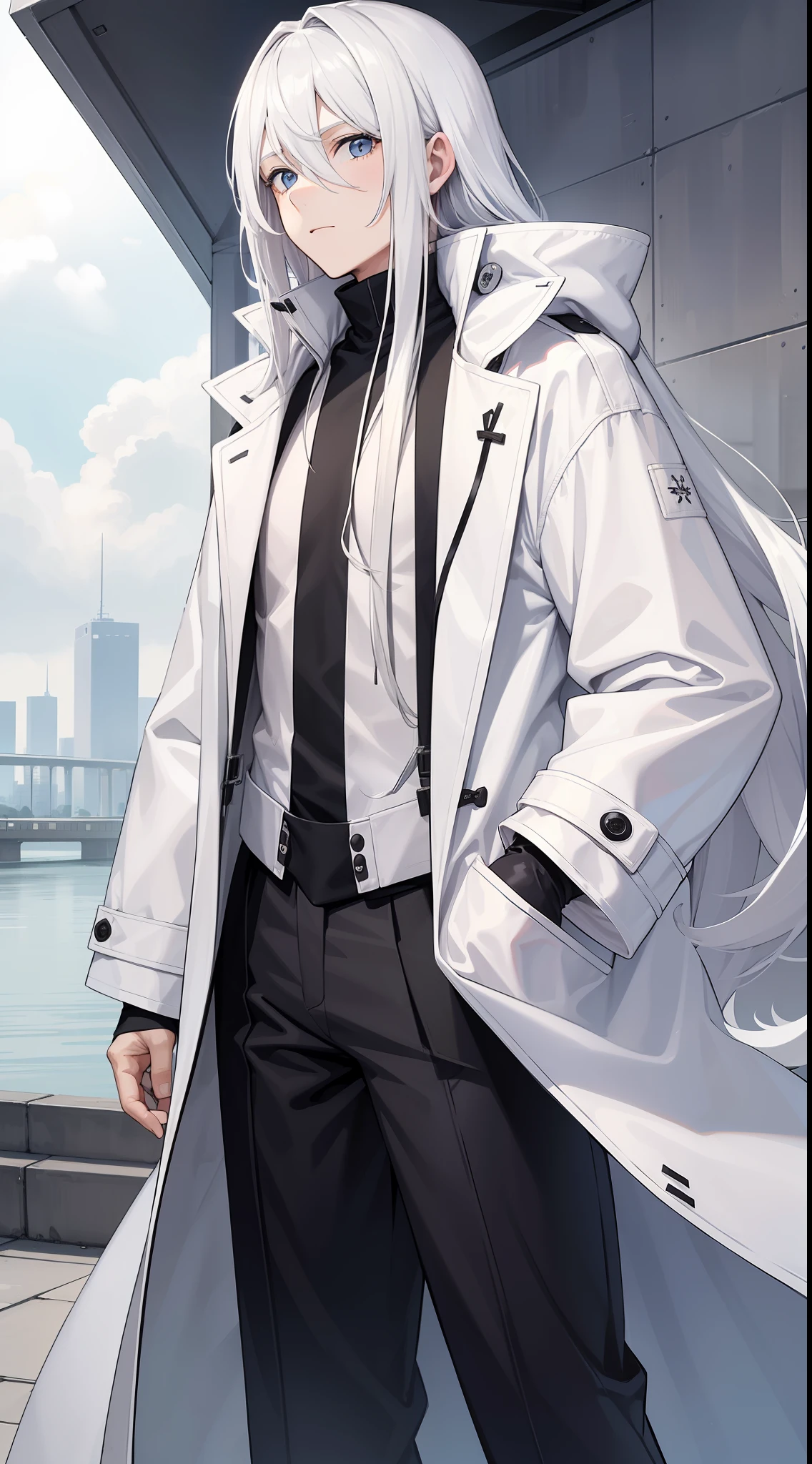 Man with long white hair，27-year-old man，Manteau blanc，long windbreaker，Long cotton coat