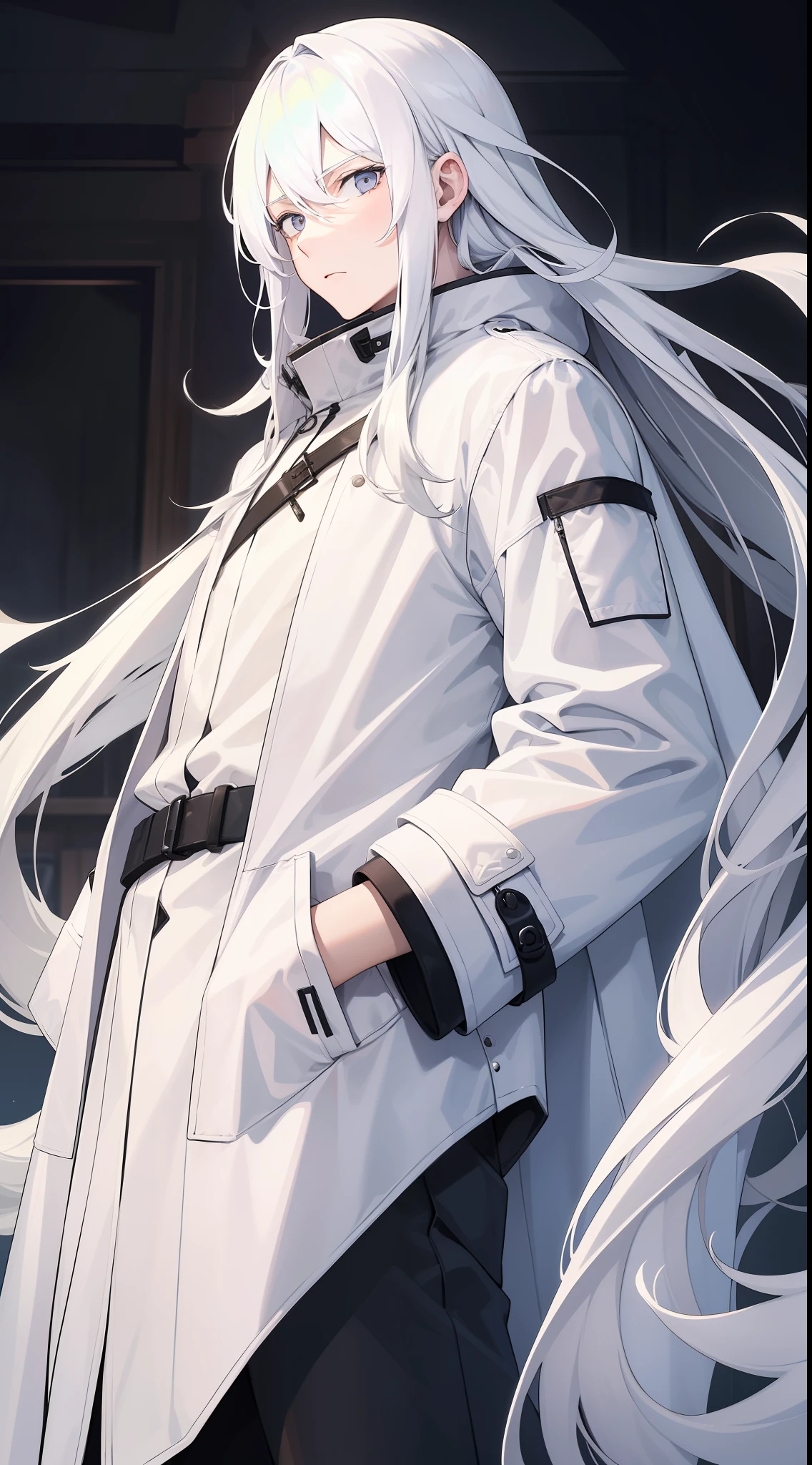 Man with long white hair,27-year-old man,Manteau blanc,long windbreaker,Long cotton coat