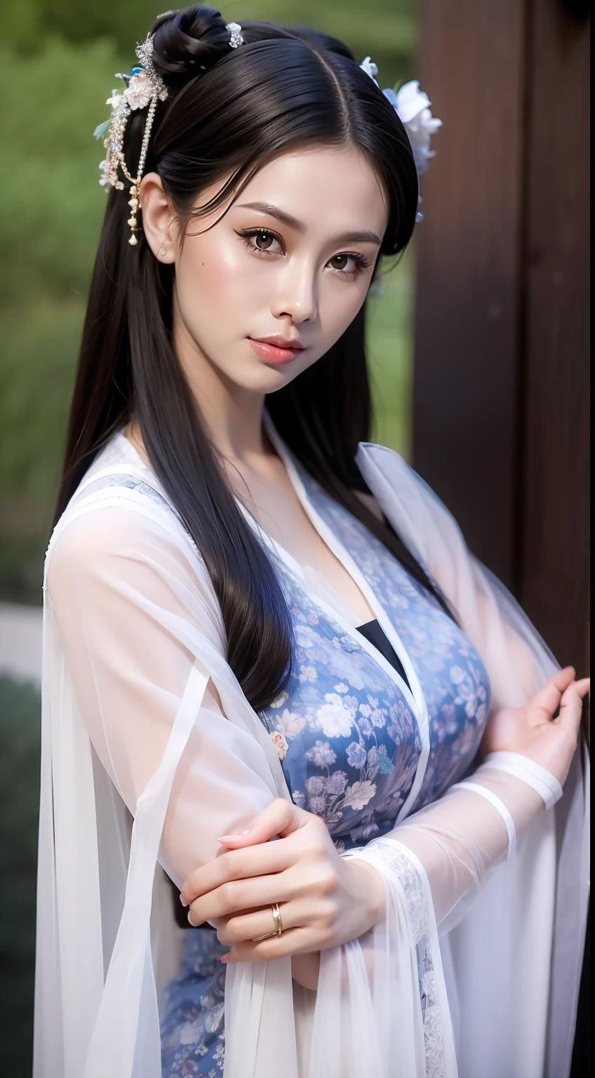 Fashion model 20 years old [[[[closeup cleavage]]]], [[[[boobgasm]]]], [[[[coll]]]], [[[[bshoulders]]]], perfect  eyes, Perfect iris，perfect lips，perfect teeth，Perfect skin，Long face，Soft front light，hdr，Movie girl，Casual，The background is between mountains and rivers，without a hat，（pastel colour：1.2）