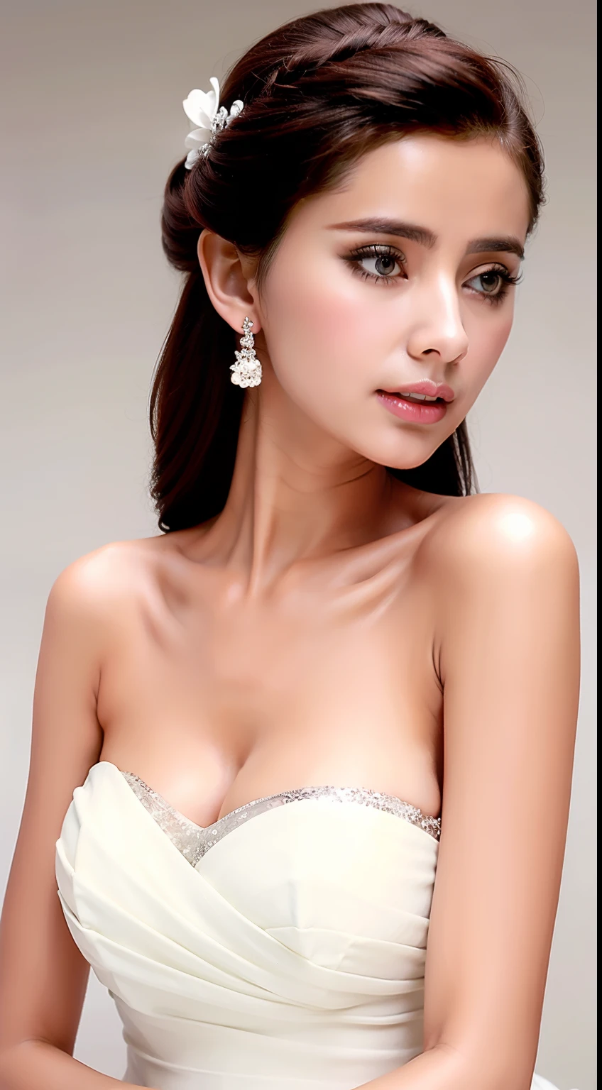 Fashion model 18 years old [[[[closeup cleavage]]]], [[[[boobgasm]]]], [[[[coll]]]], [[[[bshoulders]]]], perfect  eyes, Perfect iris，Perfect lips，perfect teeth，Perfect skin，Long face，Soft front light，hdr，Movie girl，long whitr hair，Long hair with a shawl，shift dresses，The background is indoors，（pastel colour：1.2）