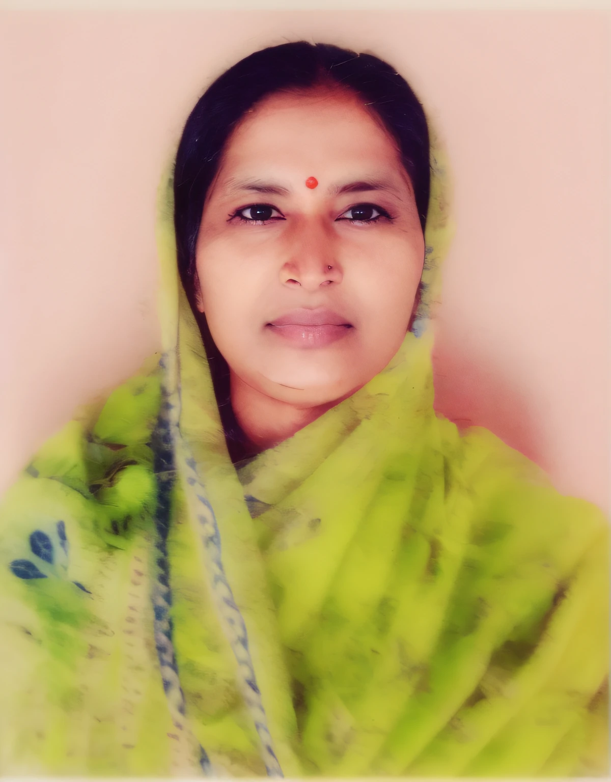 a close up of a indian housewife woman, no makeup professionally color graded, professionally restored picture, ocean blue solid color background