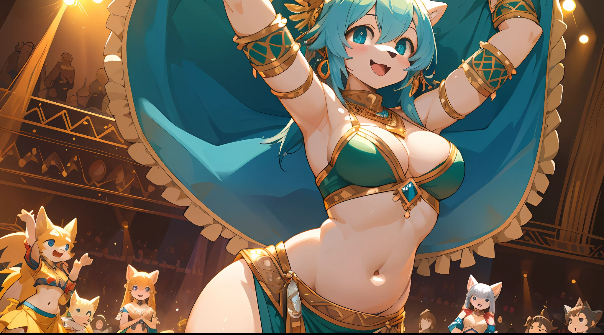 top quality, best quality, High-quality illustrations, masterpiece, super high resolution, detailed background, detailed background, Belly dancer, Raqs Sharqi, stage, Spotlight, group shot:0.5, 6+boys, 6+girls, Happy, joyful, absurdres(highly detailed beautiful face and eyes)perfect anatomy(kemono, furry anthro),
