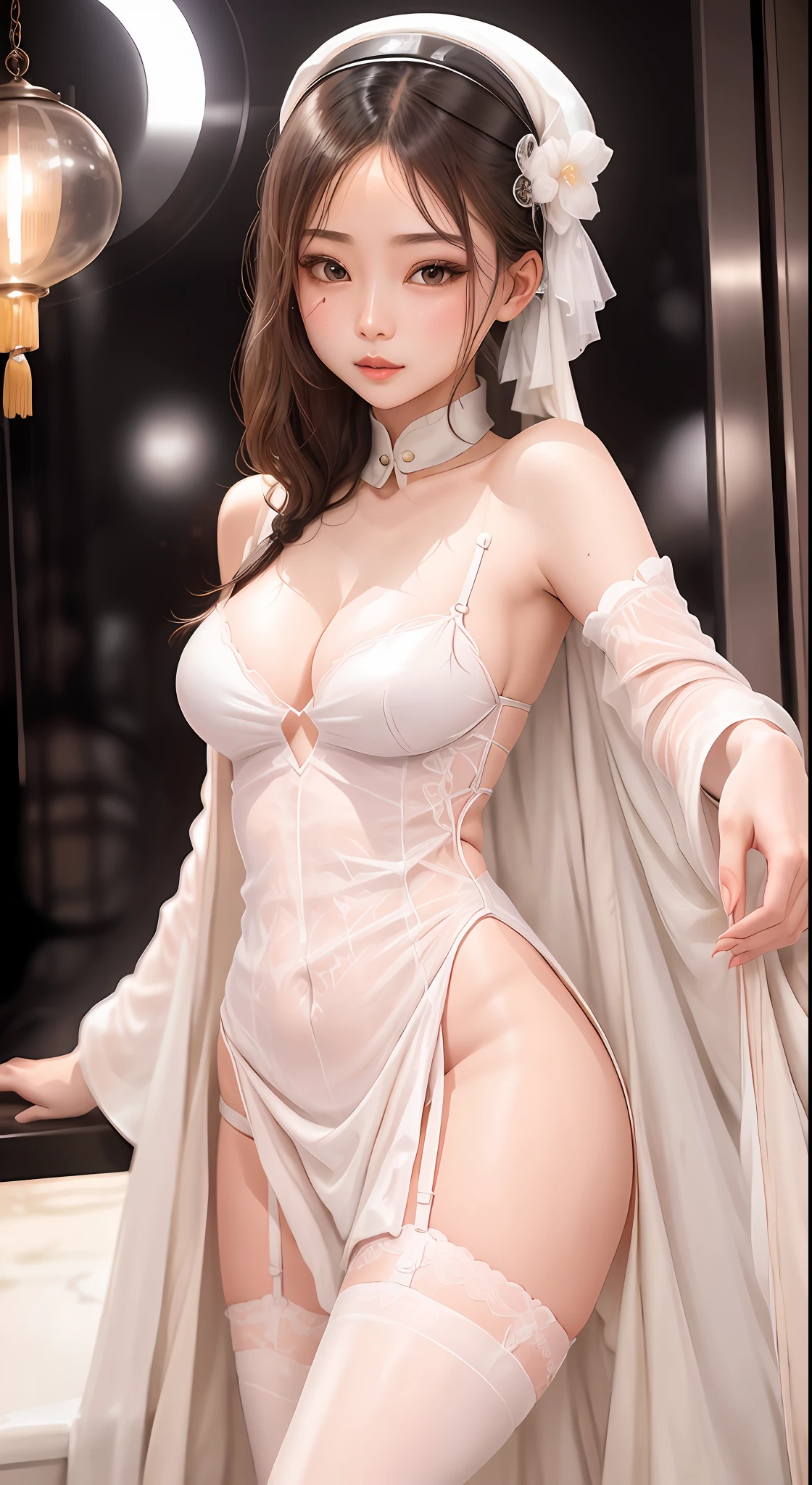 arafed asian woman in a white dress posing for a picture, Gorgeous young Korean ,white stockings,JK,