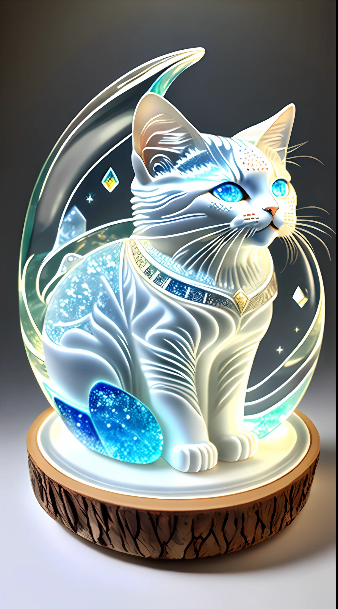 "Mid-career multiverse" Highly detailed cat carving "Southern Ice Cat" porcelain, Partially glazed, firewood, Art gallery,catss,glittery,transparent crystal
