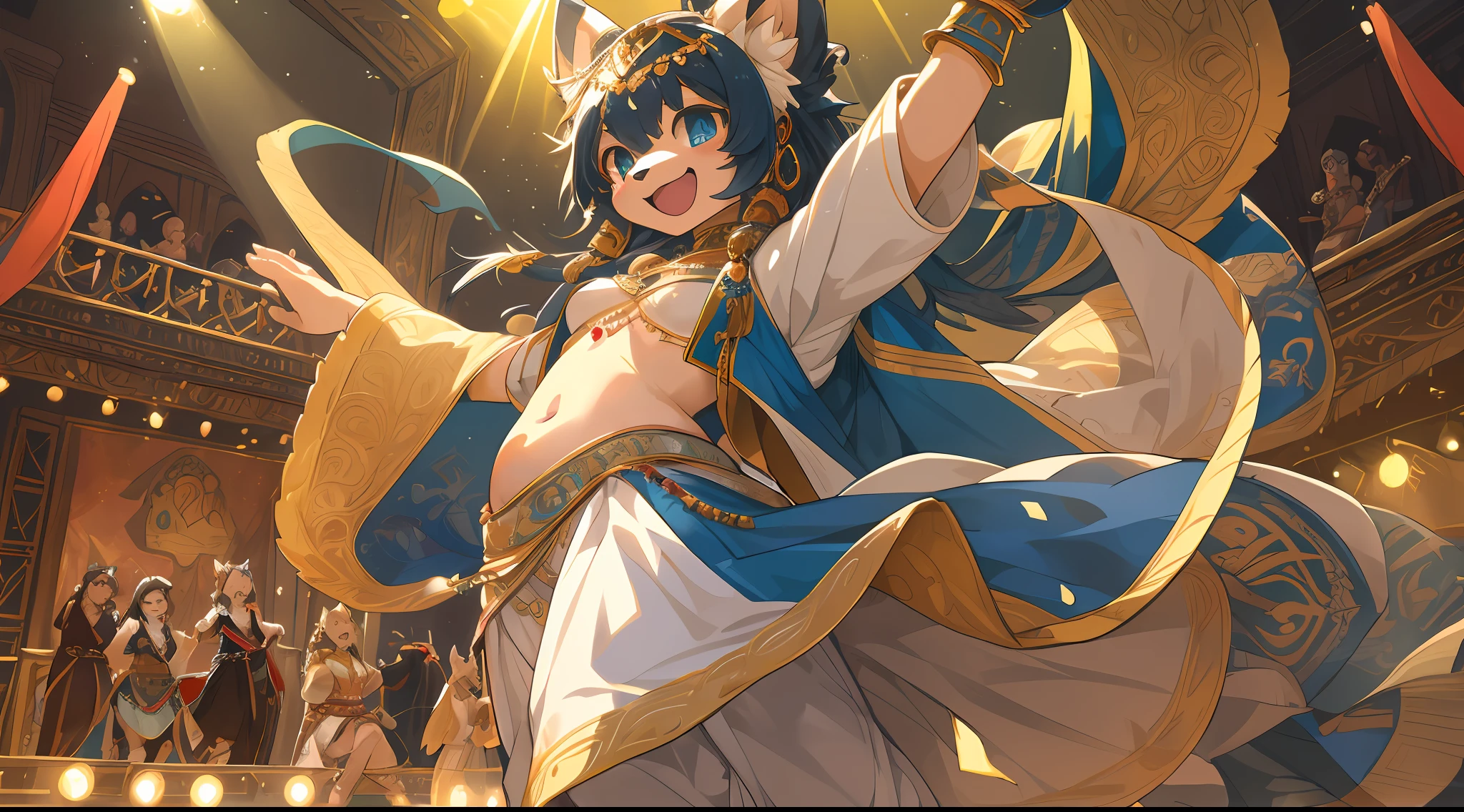 top quality, best quality, High-quality illustrations, masterpiece, super high resolution, detailed background, detailed background, Belly dancer, Raqs Sharqi, stage, Spotlight, group shot:0.5, 6+boys, 6+girls, Happy, joyful, absurdres(highly detailed beautiful face and eyes)perfect anatomy(kemono, furry anthro),
