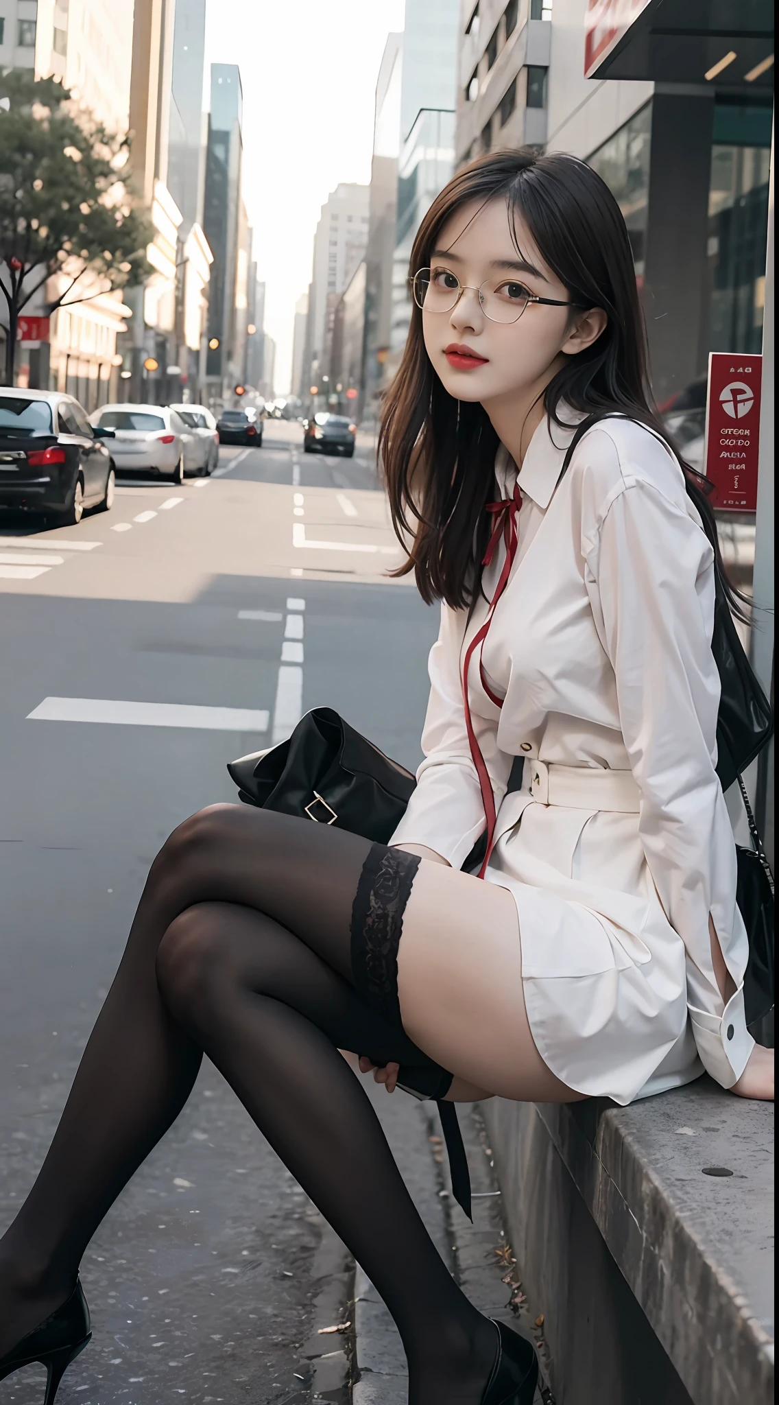 Best quality, full body portrait, delicate face, pretty face, 25 year old woman, slim figure, small bust, OL uniform, office clothes, black stockings, outdoor scene, sitting position, wearing glasses