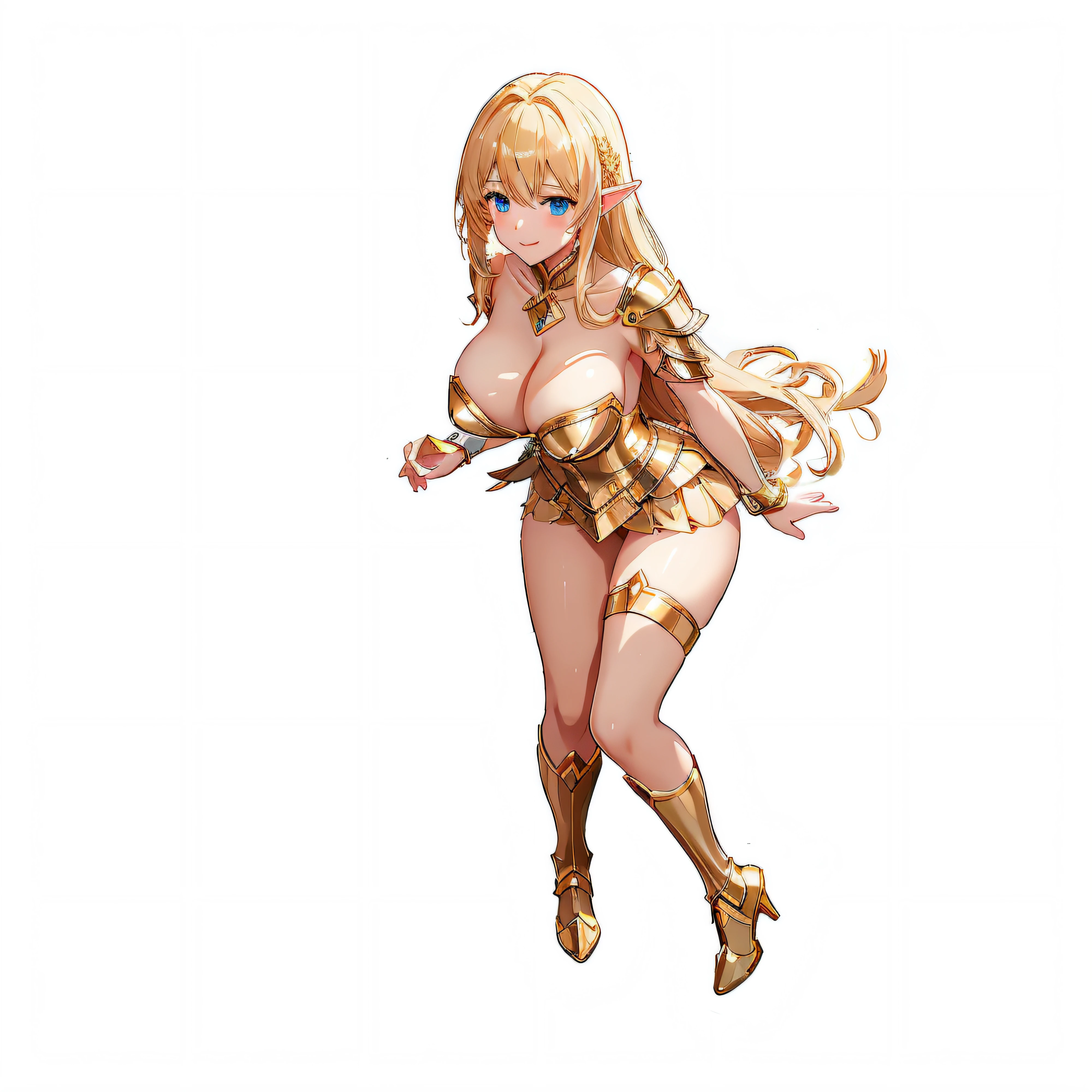 masterpiece、ultra-quality、White panty、extremely transparent skirts、Very transparent bra、Full body like、A smile、Very slender、Anime girl with blonde hair and gold armor posing naked、anime girl with a very big breast and a very big breast、Elven Girl、anime goddess、Perfect Style、The fleshy feeling of whip、short-hair、a blond、Blue eyes、alluring elf princess knight、Very open chest、oppai proportions、(Exposed seductive attractive cleavage:1.3)、teats、You can almost see the areola、Wet sheer skirt、Ultra-thin skirt、Ecchi anime style、Glittering golden armor、Angel Smile、angelic golden armor、Glamorous bikini armor、Beautiful fingers、Gold hair ornament、Gold bangles、Gold ankles、Gold Long Boots、Girl in armor、Sexy body、Emphasizes cleavage