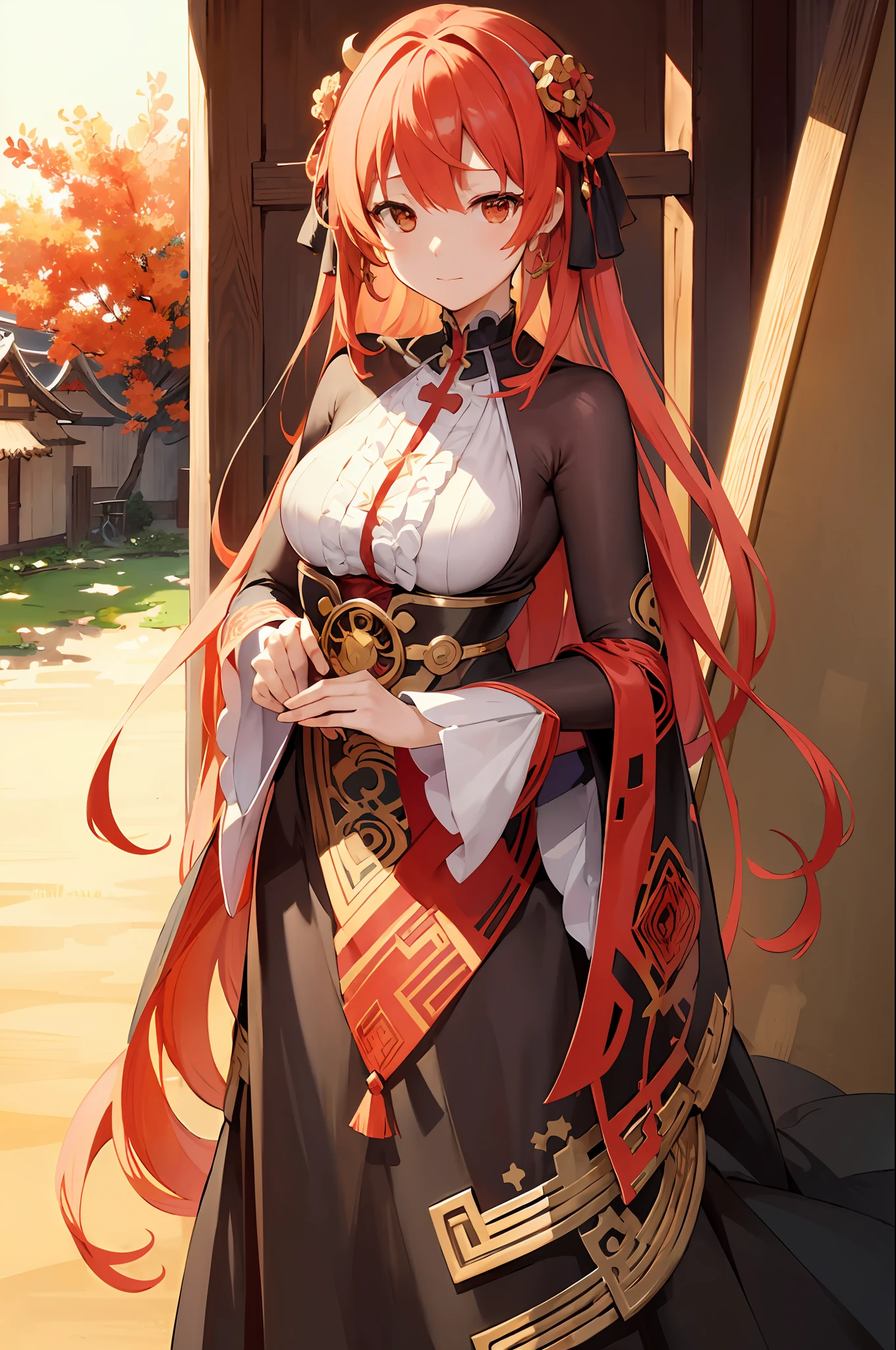 Personification of Higanbana、Frame thatched roof house、Decorative panel、abstract art、By Alphonse Mucha (masterpiece、top-quality、hight resolution: 1.4)、More about realism、intricate-detail、4K、color splashes、line-drawing、Fibonacci、