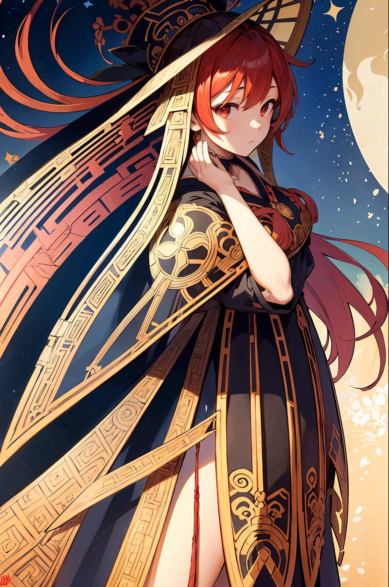 Personification of Higanbana、Frame thatched roof house、Decorative panel、abstract art、By Alphonse Mucha (masterpiece、top-quality、hight resolution: 1.4)、More about realism、intricate-detail、4K、color splashes、line-drawing、Fibonacci、