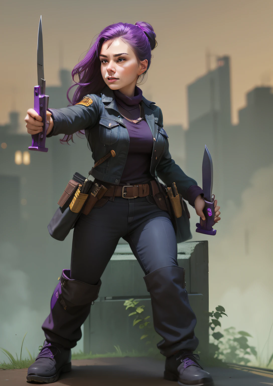 Woman, 26 years old, pretty, two knives in her hand, knives with purple handles, two golden pistols at her waist.