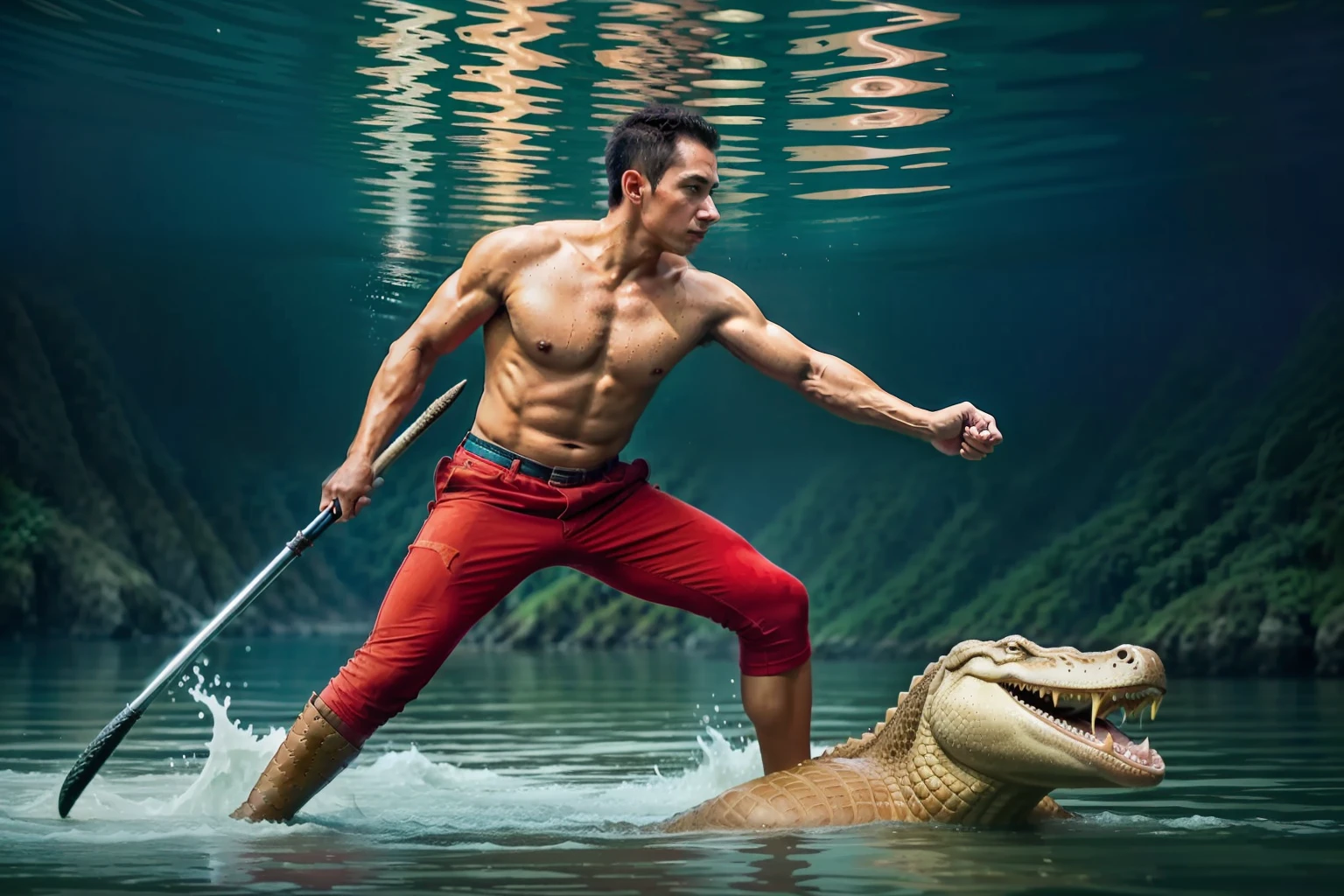 There was a man holding a spear wearing red pants fighting a crocodile in the water...., Stunning action photography, crocodile god lair, Crocodile Loki, Creative Image Management, Photo management, crocodile. shaman., by Rudy Siswanto, by Aleksander Gierymski, As a reptile warrior, Atlantic Ocean., Photoshop Water Management, By Ignacio Zuloaga, Amazing shots....