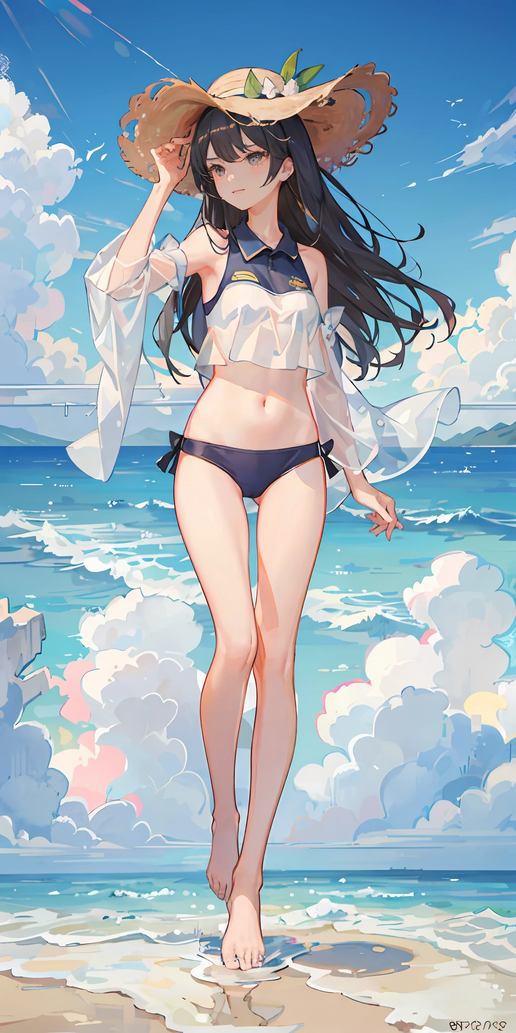 A girl,比基尼,Open navel,three-point style,gray-haired girl,full body close-up shot,((swimming uniform,比基尼)),folds,folds,folds,see-through sleeves,cropped shoulders,Bare back,cropped shoulders,Watermelon in hand,Watermelon in hand,beach chair,Full body photo,((There are a lot of people on the beach)),the detail,Straw Hat Hat,ellegance,the detail,ellegance,spray,There are hands and feet,immensity,Full body photo,Hazy,Skysky,the detail,ellegance,There are hands and feet,immensity,baiyun,Hazy,the detail,Kizi,Skysky,the detail,ellegance,There are hands and feet,baiyun,Hazy,the detail,The face is clear