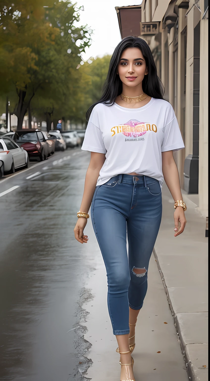 ((Best Quality, 8k, Masterpiece:1.3)), Focus: 1.2, Perfect Body Beauty: 1.4, Arabian 23 years old woman: 1.2, ((Long black Hair)), (Black Baggy badic tee-shirt:1.1) , basic full body length tee-shirt (Rain, Street:1.3), dark gray skinny jeans, long jeans: 1.1, Highly detailed face and skin texture, Detailed eyes, Double eyelids, toned body, Whitened skin, smile, toned breasts, toned legs, beautiful detailed feets, long heel's, whitened skin, detailed eyes and face, middle eastern woman, baggy medium size basic tee-shirt, toned hips, 8K UHD, gold anklets, neck gold chain,  walking style, model looks