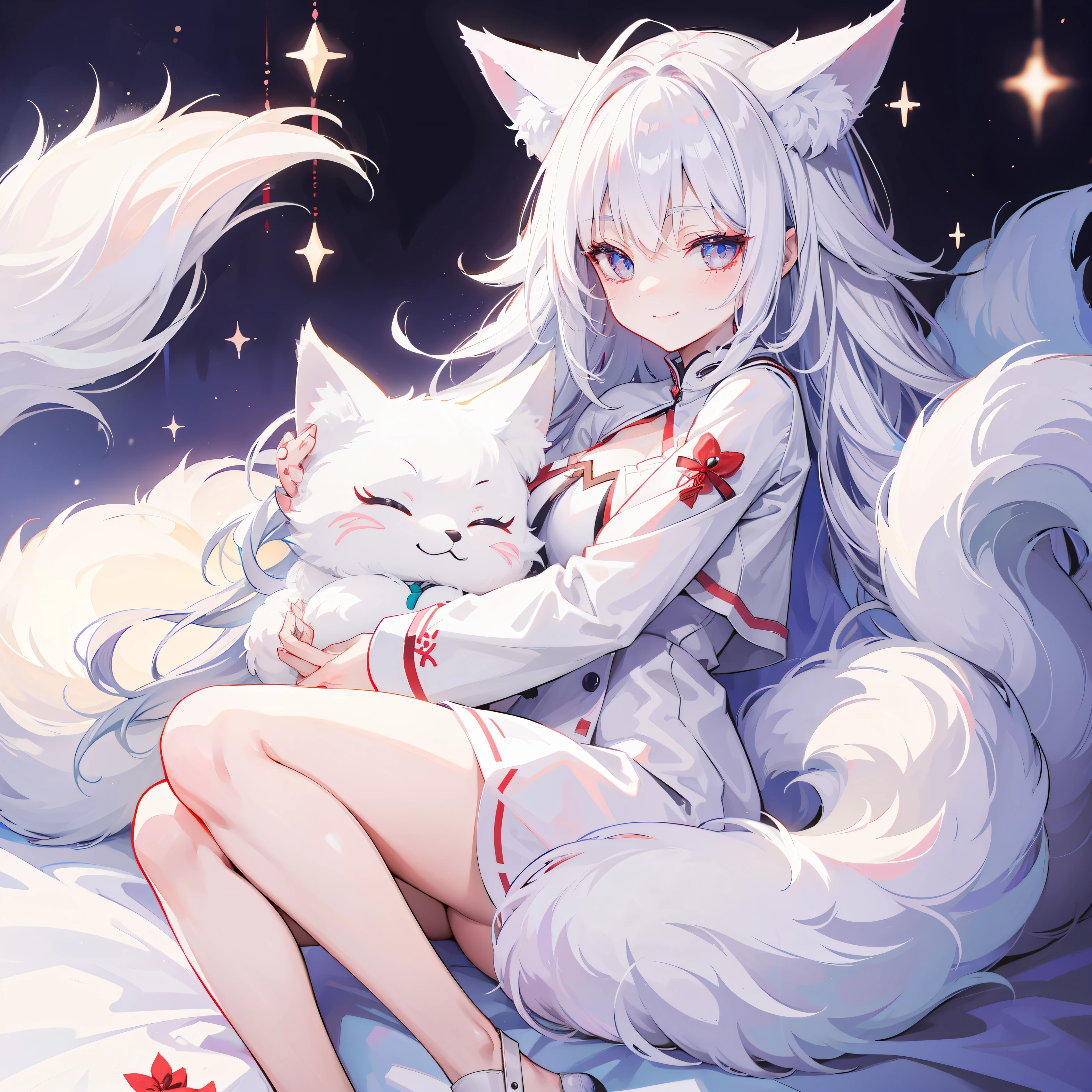 A fox demon asleep，White hair，A sweet smile on your sleep，Holding your big tail