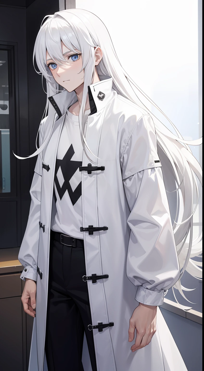 Man with long white hair，About 25 years old，Manteau blanc，long windbreaker，Long cotton coat，short sleeve T-shirts