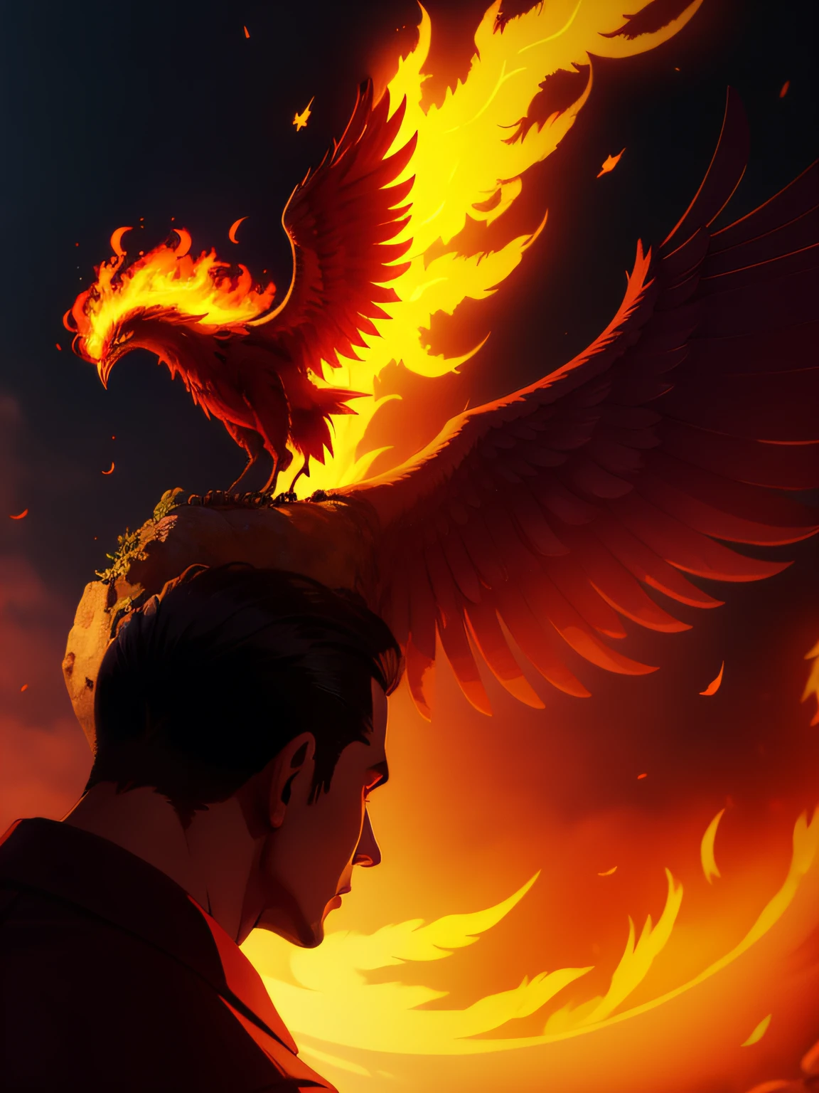 A phoenix behind a man