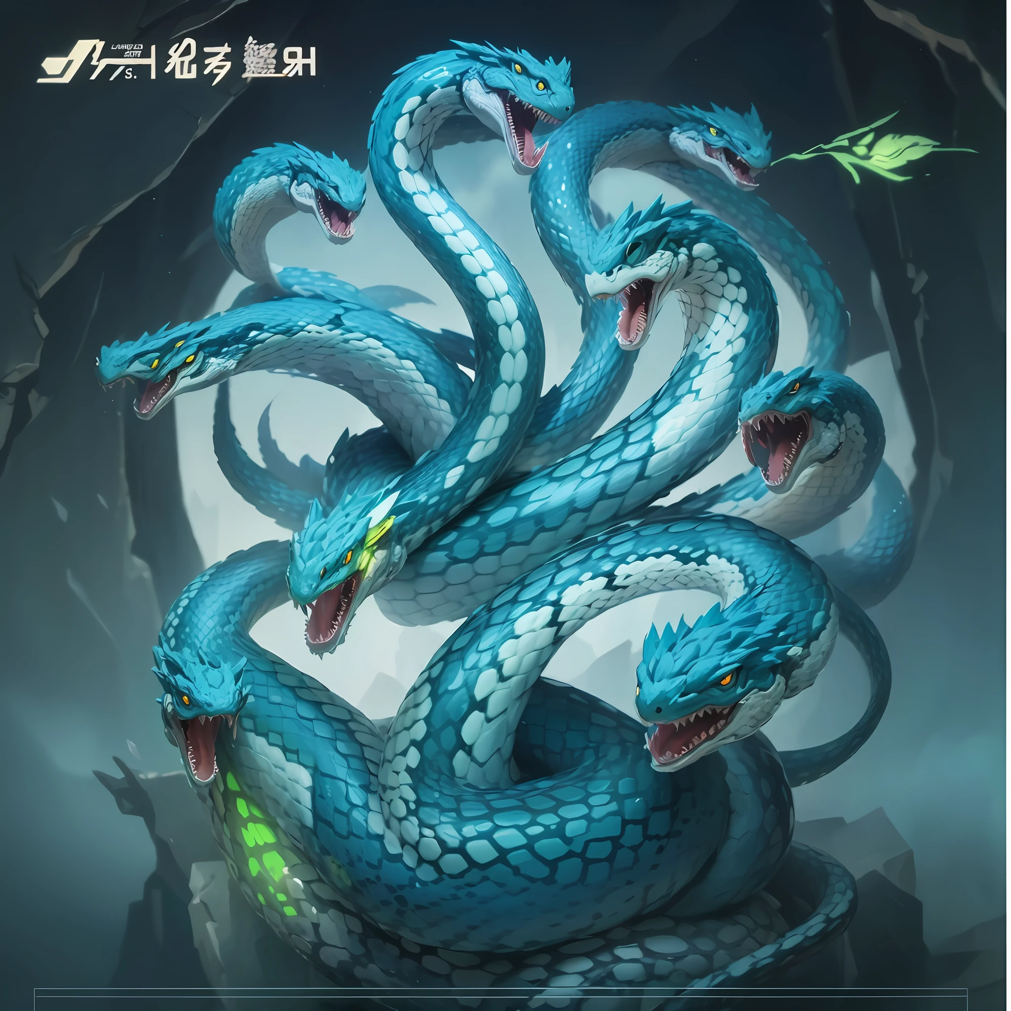 Soyanagi,Hydra,(((9 snake heads))),,(((Giant snake with 9 heads))),Lizard body,Scales all over the body,Open your mouth,best qualityer,tmasterpiece,超高分辨率,finely detailled,Complicated details,8K分辨率,8KUCG wallpaper,hdr,Cinematic lighting effects,lightand shade contrast,Ray traching、NVIDIA RTX