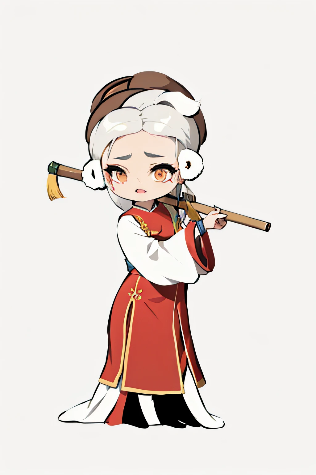 Drawing of a cartoon character carrying a hoe, She carried a hoe on her shoulder, A girl in Hanfu, clean lineart,