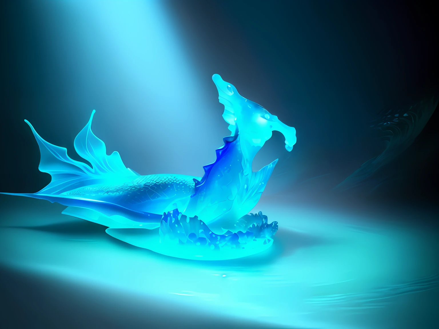 "A blue mermaid figurine on the table，blue translucent resin，iridescence water elemental，Microresin，sea serpent，water elemental，serpentine water monster，luminous water elemental，resin statue，water elemental，Epoxy casting，tabletop miniature，low res，Acrylic details，the sideview，Side view，Side - view。"