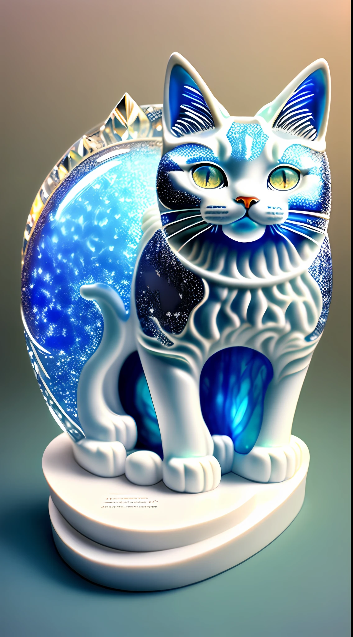 "Mid-career multiverse" Highly detailed cat carving "Southern Ice Cat" porcelain, Partially glazed, firewood, Art gallery,catss,glittery,transparent crystal