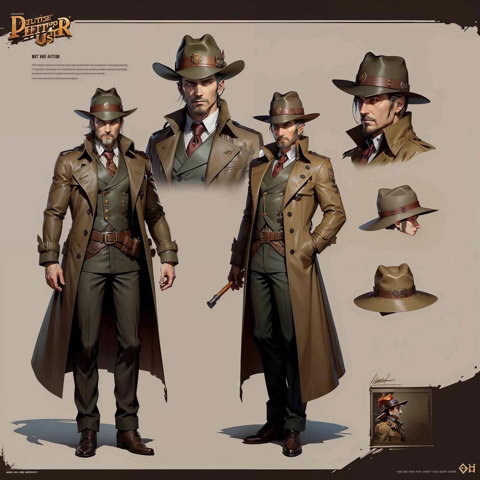 A man in a trench coat and hat holds a pipe, detective coat, Deer hunting hat, , He wears an Ulster coat, ( ( concept art of character ) ), , jrpg character art,Europe and the United States play a role, official character art,