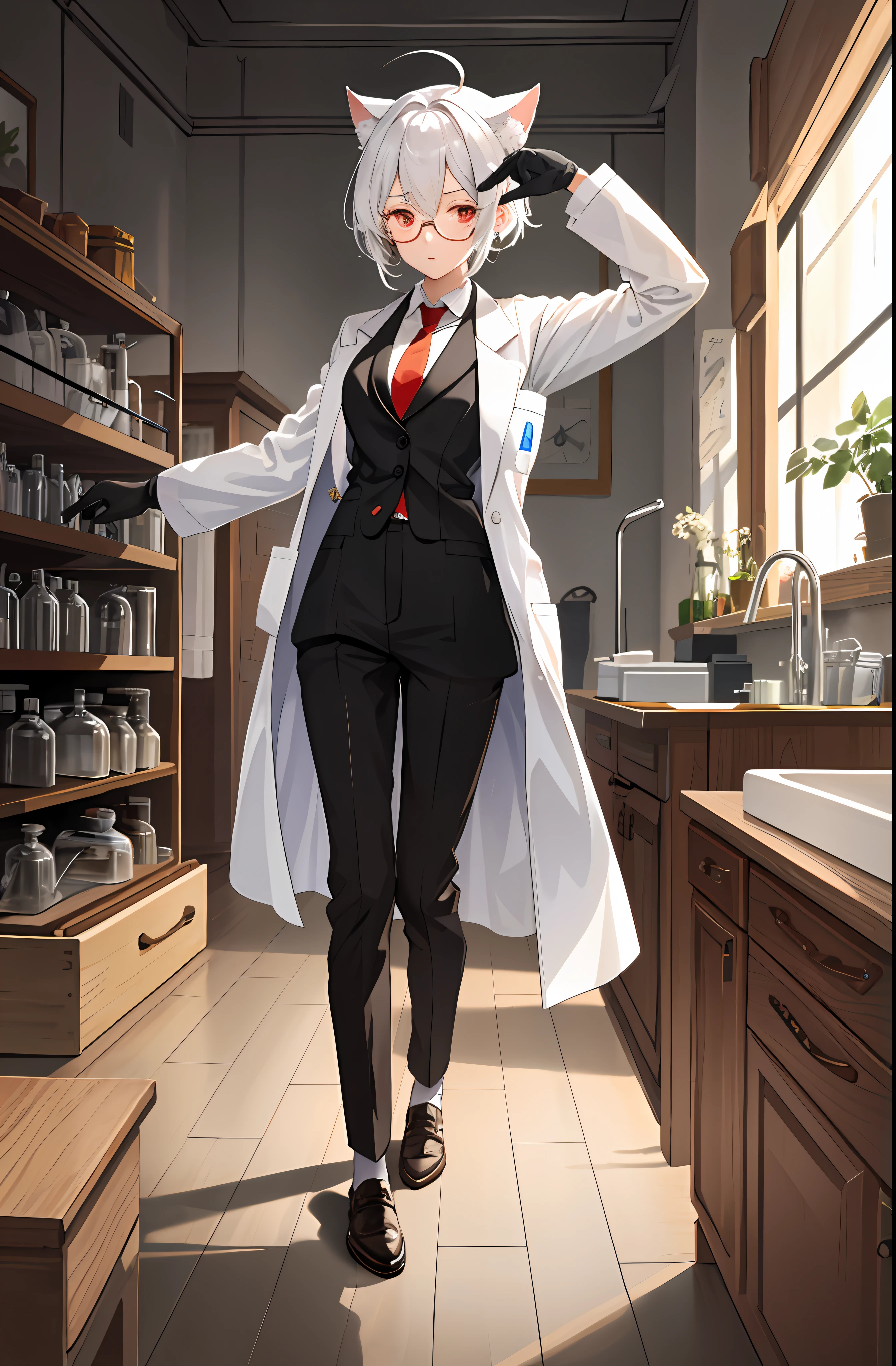 masterpiece, best quality, 1girl, laboratory, indoors, lab coat, white hair, red eyes, cat ears, necktie, round-bottom flask, glasses, gloves, microscope