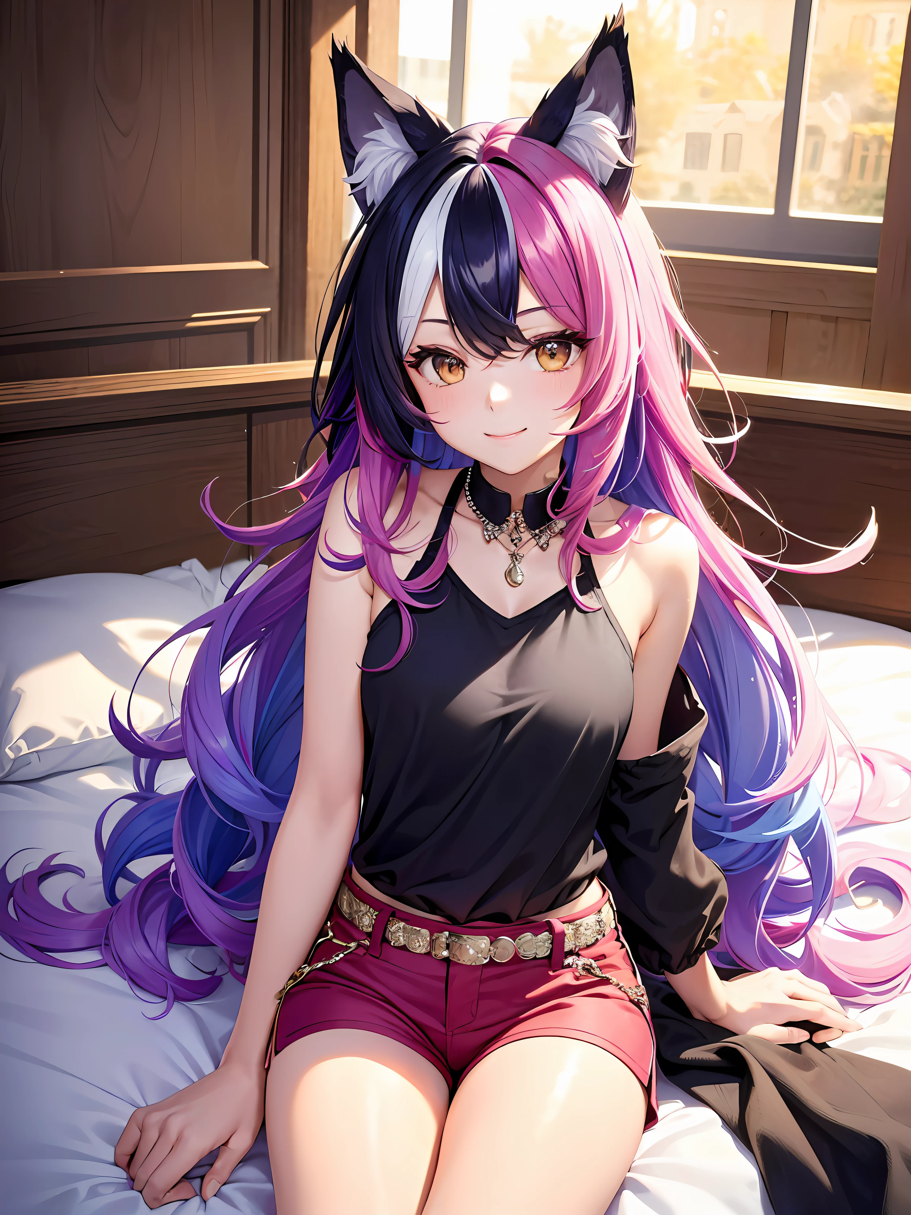 Close up, upper body, 1 girl, smile, wolf ears, wolf tail, random eyes: 10, hair between eyes, split color hair: 5, (((Colorful hair color: 1))))), (((Random hair color: 1)))), Colorful hairstyle: 5, Striped hair, Long hair, hair end jewels, (Cute random Cadeza tank top: 5 random hot pants figure in 5Cute interior with super luxurious bedroom with jewels, AI: 5, (on the bed: 15), laughing embarrassingly looking at the viewer: 15), jewels, AI super luxurious bedroom: 15), blush, night landscape,