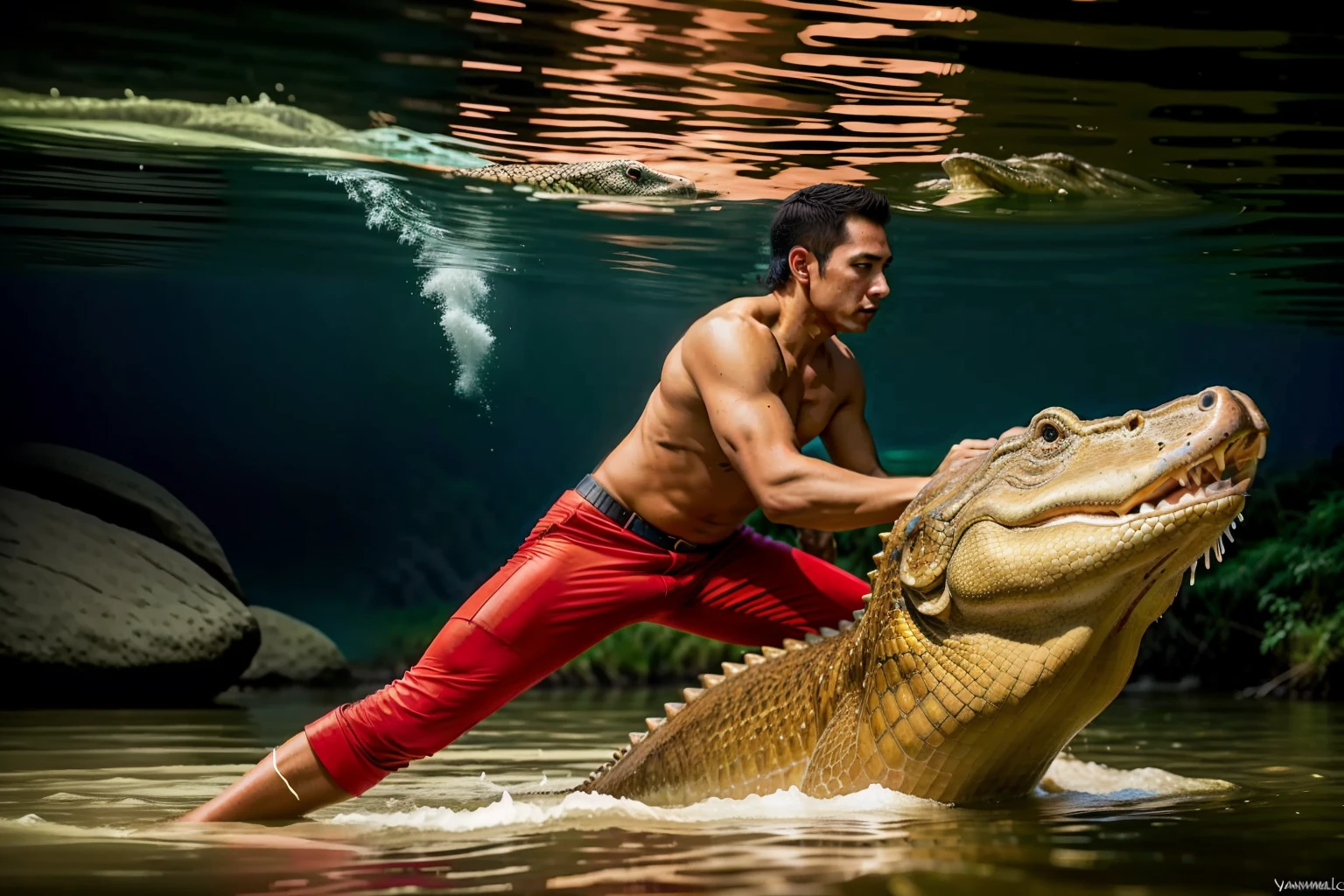 There was a man holding a spear wearing red pants fighting a giant crocodile in the water....., Stunning action photography, crocodile god lair, Crocodile Loki, Creative Image Management, Photo management, crocodile. shaman., by Rudy Siswanto, by Aleksander Gierymski, As a reptile warrior, Atlantic Ocean., Photoshop Water Management, By Ignacio Zuloaga, Amazing shots.....