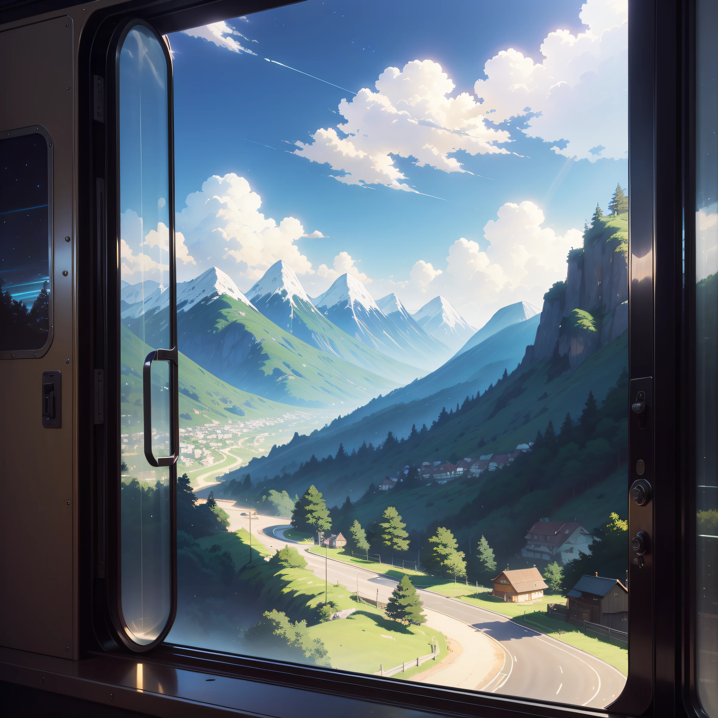 Bright picture, full of light, (((Makoto Shinkai style)), pixiv, anime painting, high quality, blue and white sky, beautiful scene), (universe, train passing by, magical realism, ((makoto shinkai style)) ::0.8), [artistic atmosphere, atmosphere:0.8, starry sky, hills, rain , grass, trees, stars, low viewing angle, high light scattering