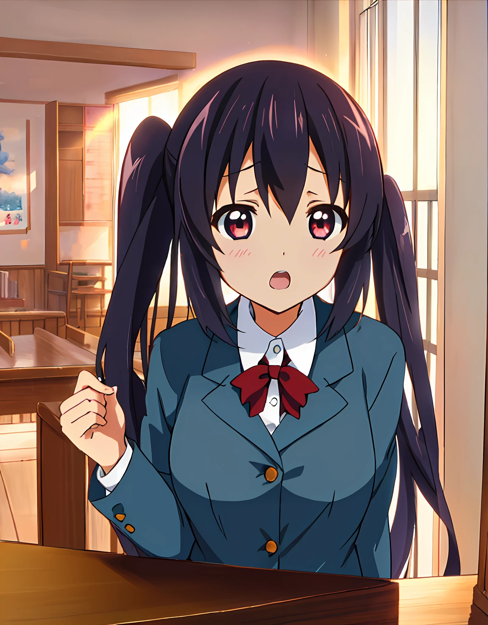 1girl, (((masterpiece))), top-quality, top-quality, High Details, nakano azusa, 1girl, Sakuragaoka High School Uniform, student clothes, Twin-tailed, length hair, A dark-haired, brown-eyed, 独奏, reddish, Dark blue blazer with thin red ribbon, Solid white buttoned shirt under blazer, illustratio, comic strip, soothing tones, Subdued Color, Soft cinematic light, adobe lightroom, photolab, HDR, intricately and hyper-detailed、(((depth of fields))))。(((masterpiece)))。(((top-quality))).)((ultra-detailliert)))。(((illustratio)))。(((takeout))).dynamic focus.big breasts.(((Skyscrapers))).(((A city scape))).(((Face of sadness))). open mouth.(((fighting stance))).(((up chest))).((evening glow)).((the setting sun)).