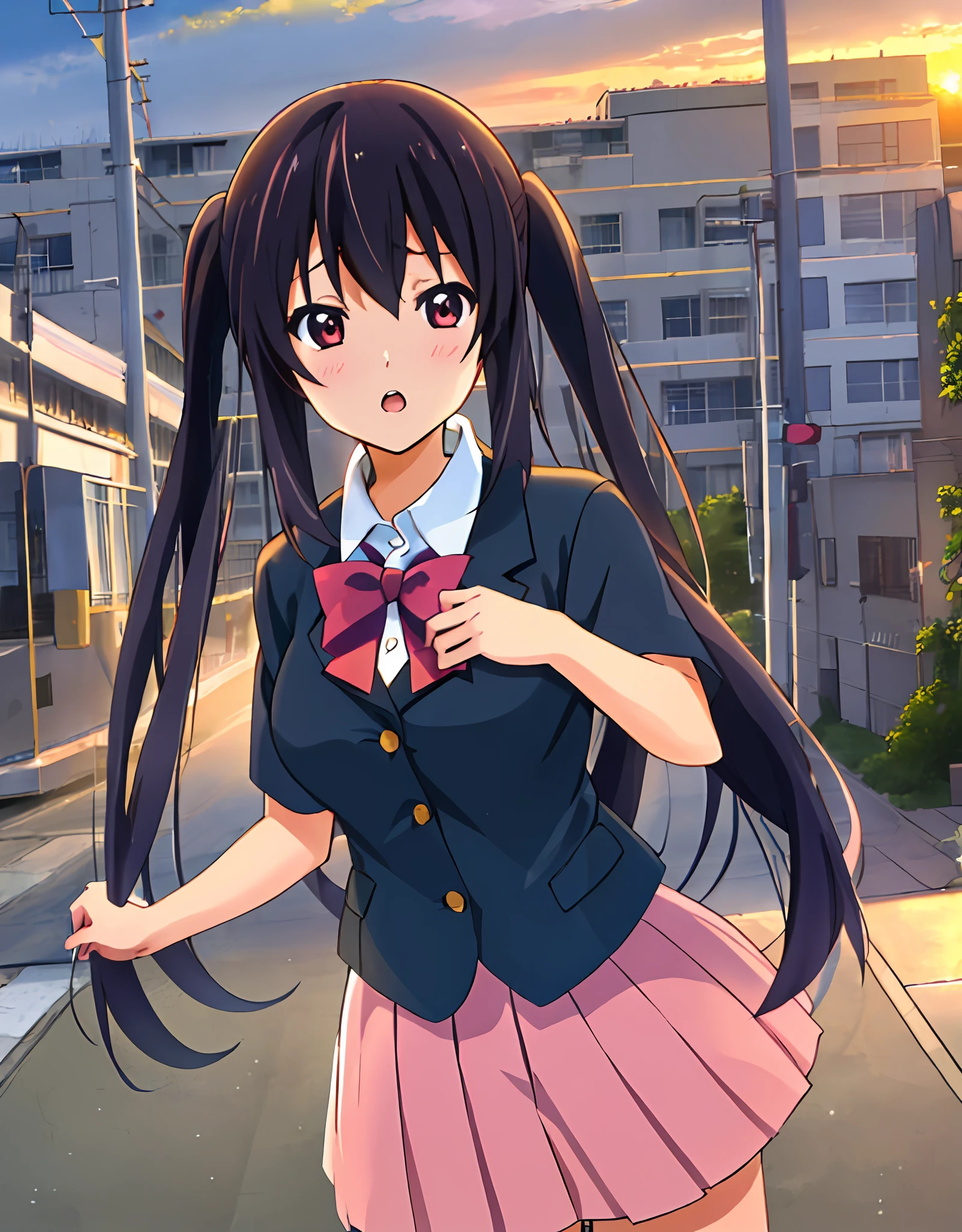 1girl, (((​masterpiece))), top-quality, top-quality, High Details, nakano azusa, 1girl, Sakuragaoka High School Uniform, student clothes, Twin-tailed, length hair, A dark-haired, brown-eyed, 独奏, reddish, Dark blue blazer with thin red ribbon, Solid white buttoned shirt under blazer, illustratio, comic strip, soothing tones, Subdued Color, Soft cinematic light, adobe lightroom, photolab, HDR, intricately and hyper-detailed、(((depth of fields))))。(((​masterpiece)))。(((top-quality))).)((ultra-detailliert)))。(((illustratio)))。(((takeout))).dynamic focus.big breasts.(((Skyscrapers))).(((A city scape))).(((Face of sadness))). open mouth.(((fighting stance))).(((up chest))).((evening glow)).((the setting sun)).