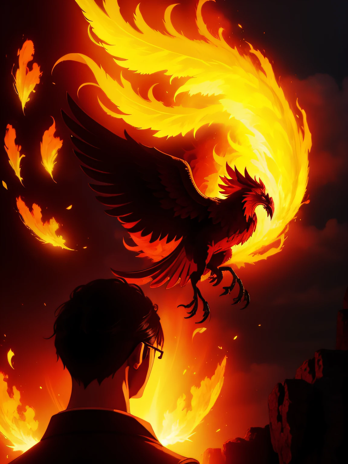A phoenix behind a man