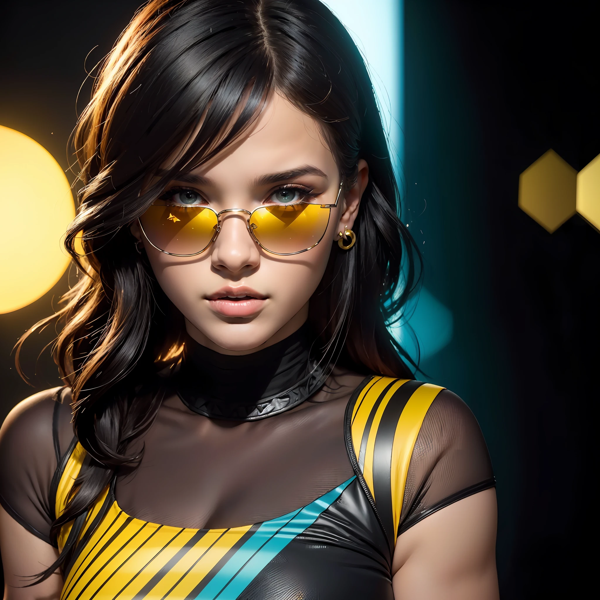 RGB, De_acima, topo de corte, rosto detalhado, bodycon amarelo tanque top, cabelo, , fora, estrelas, 1menina Ashley Alexiss , statement sunglasses, mulher, pequeno, cores vivas, Fundo bokeh, subject for emphasis, dramatic colors,lta qualidade, extremamente detalhado CG unidade 8k papel de parede, scenecy, fotografia premiada, HDR, extremamente detalhado, trending on ArtStation, trending in cgsociety, intrincado, High detail