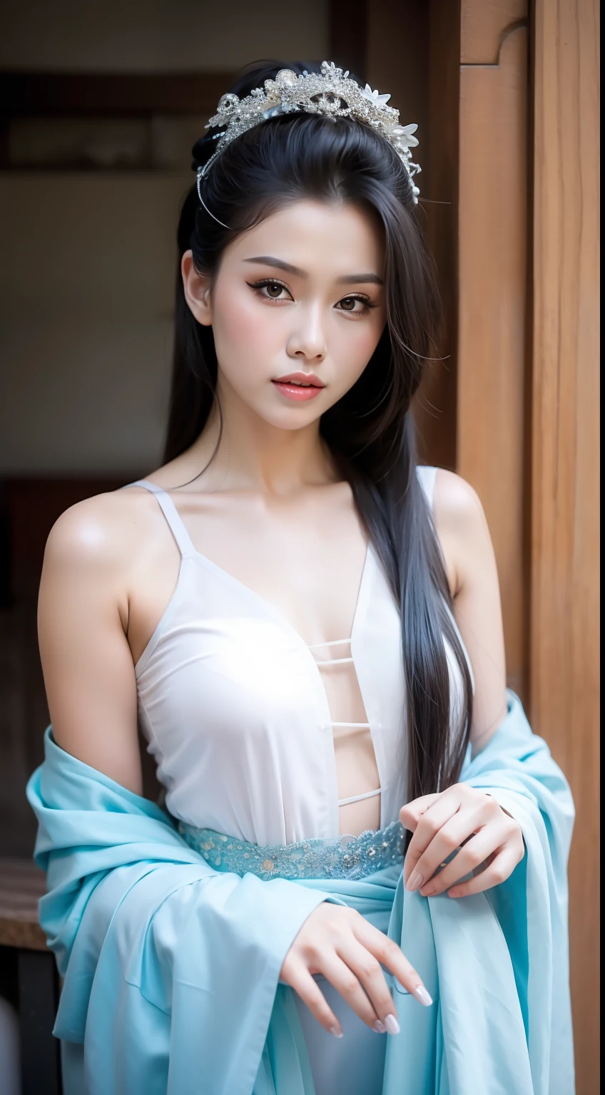 Fashion model 20 years old [[[[closeup cleavage]]]], [[[[boobgasm]]]], [[[[coll]]]], [[[[bshoulders]]]], perfect  eyes, Perfect iris，perfect lips，perfect teeth，Perfect skin，Long face，Soft front light，hdr，Movie girl，Casual，The background is between mountains and rivers，without a hat，（pastel colour：1.2）