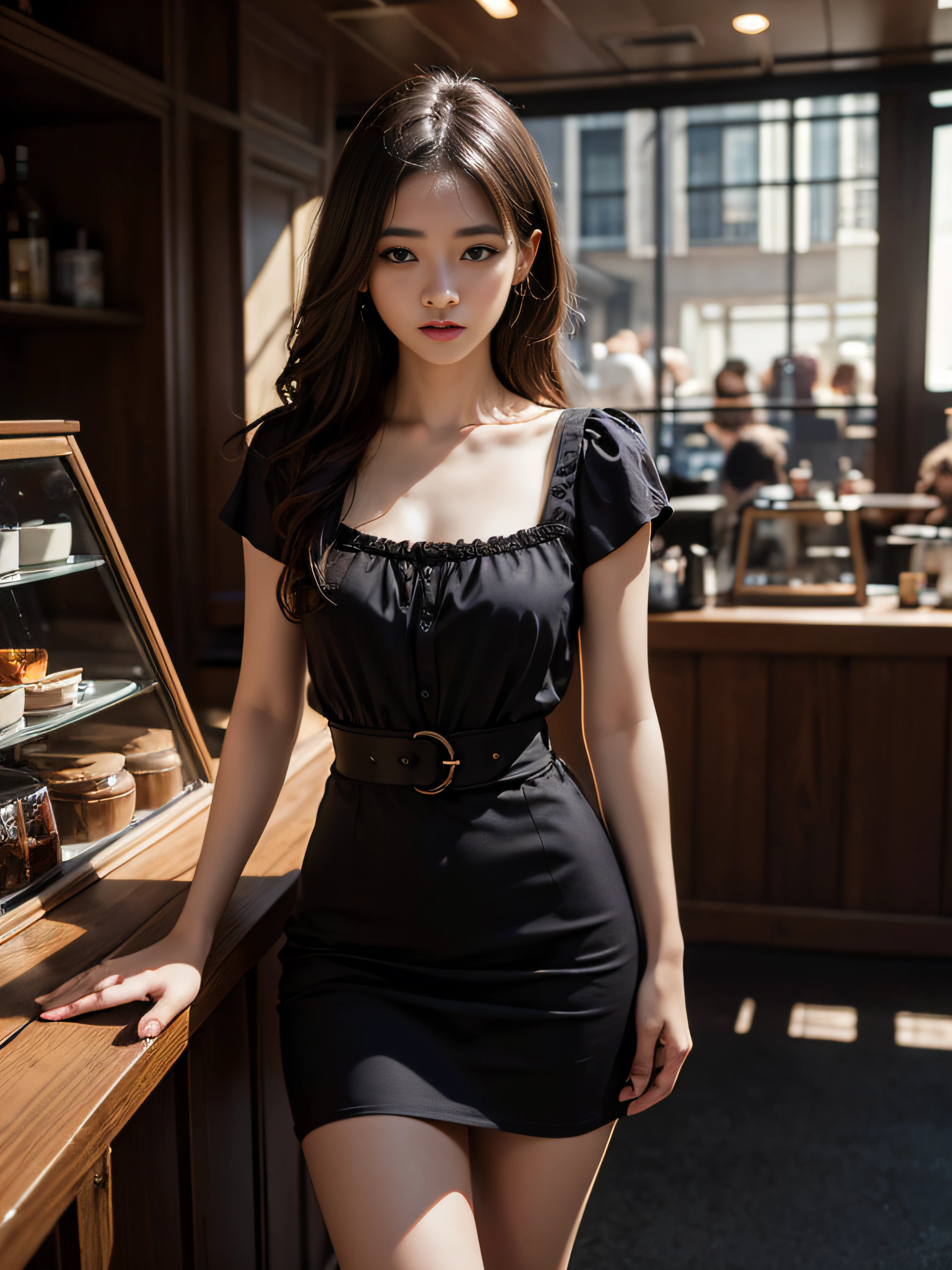 Best quality, masterpiece, ultra high res, (photorealistic:1.4), raw photo, 1girl, waist up, in coffeeshop, deep shadow, dark theme