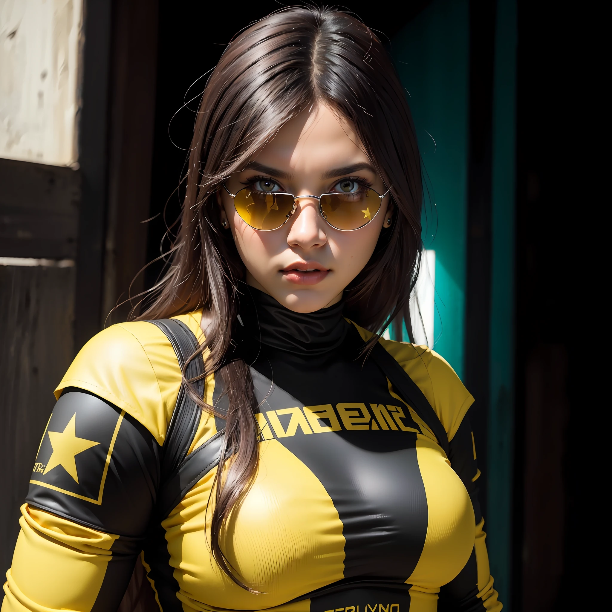 RGB, De_acima, topo de corte, rosto detalhado, bodycon amarelo tanque top, cabelo, , fora, estrelas, 1menina Ashley Alexiss , statement sunglasses, mulher, pequeno, cores vivas, Fundo bokeh, subject for emphasis, dramatic colors,lta qualidade, extremamente detalhado CG unidade 8k papel de parede, scenecy, fotografia premiada, HDR, extremamente detalhado, trending on ArtStation, trending in cgsociety, intrincado, High detail