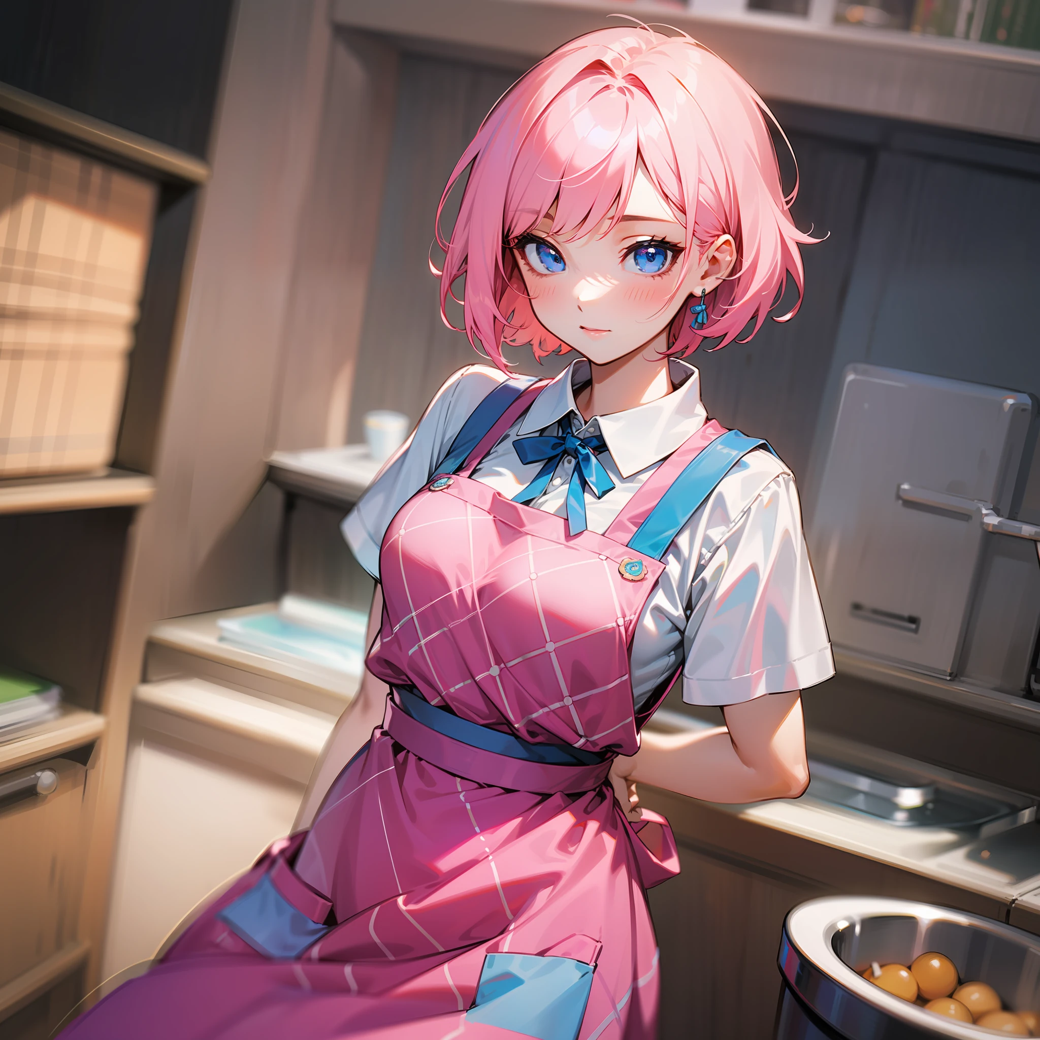 Best quality, 1girll, Adult, Medium breasts, Pink hair, short detailed hair, Blue eyes,Miss, White shirt, Blue skirt, Blue ribbon, White apron, waistup_aprons, short_Sleeves