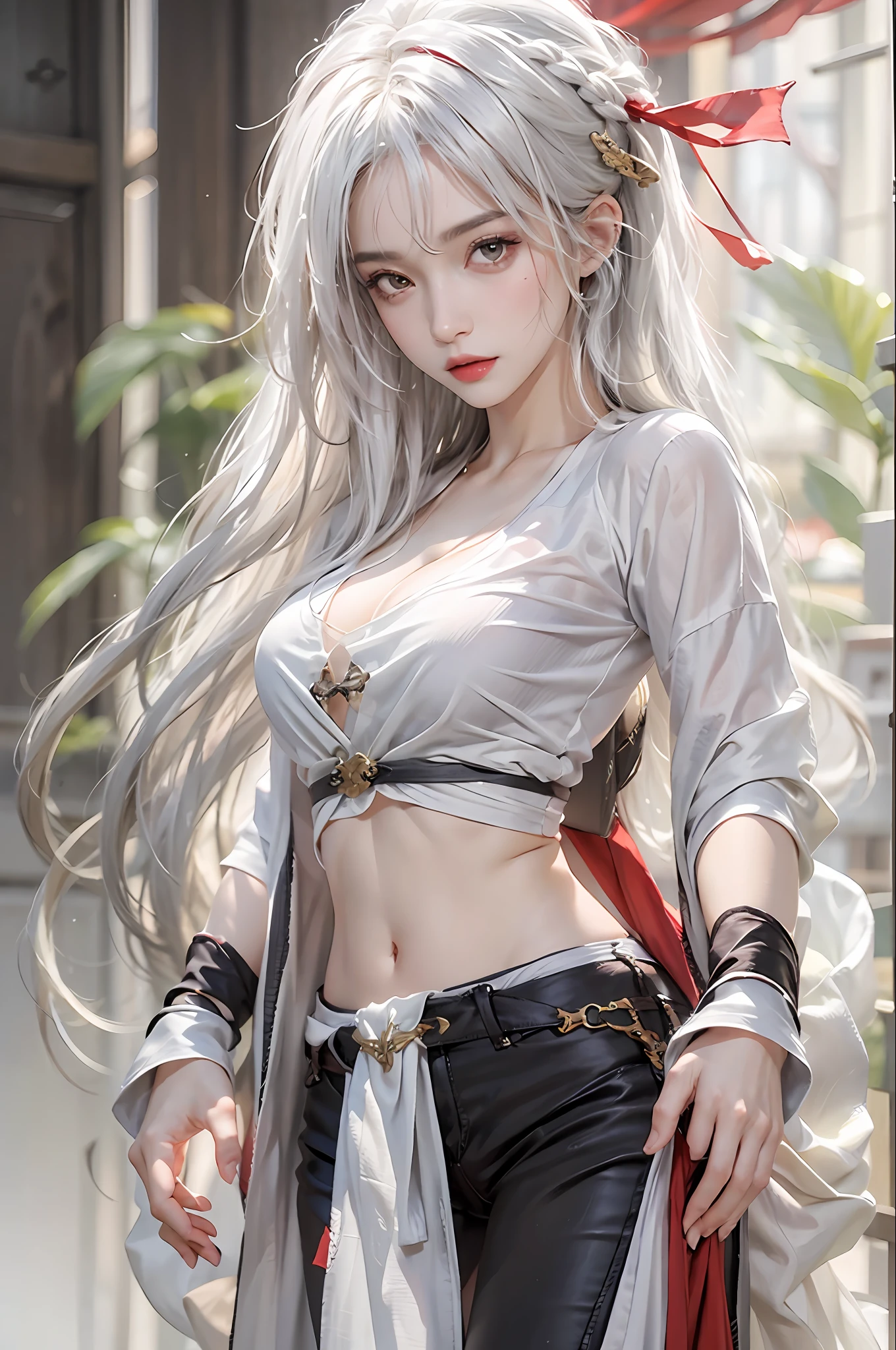 photorealistic, high resolution, 1women, solo, hips up, look at viewer, (detailed face), white hair, long hair, medium breasts, Taoist
